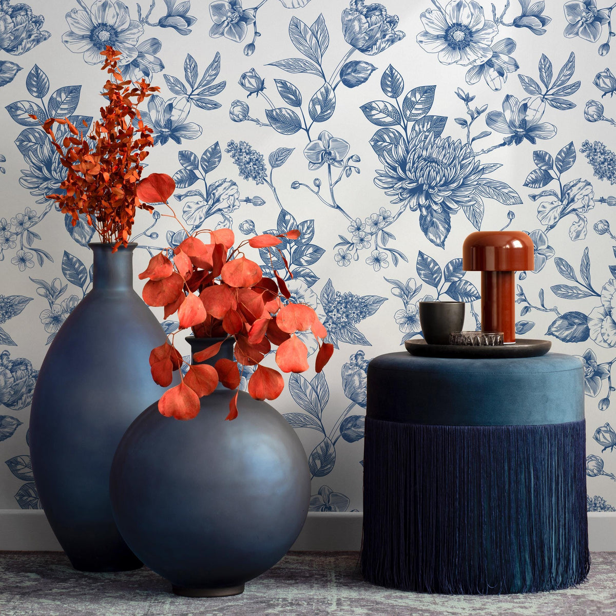 Blue flower self adhesive wallpaper and regular wallpaper - E016
