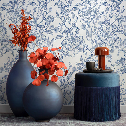 Blue flower self adhesive wallpaper and regular wallpaper - E018