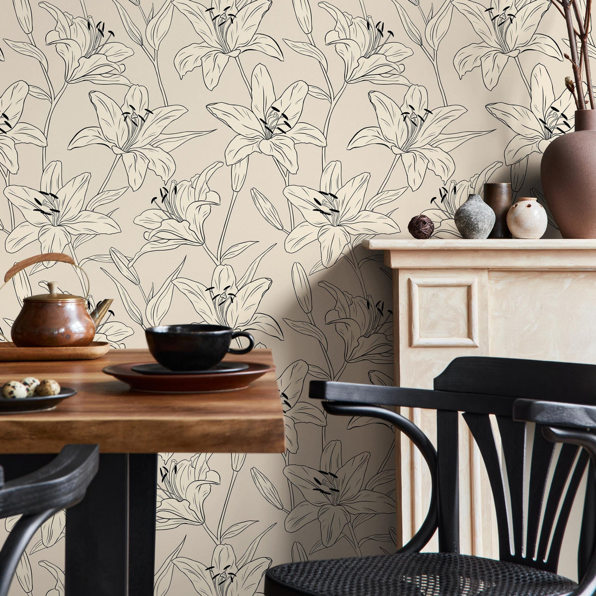 Lily Wallpaper: Vintage Peel and Stick Wallpaper for Home Decor Floral Design Colorful Ivory Blooming Spring Garden - E036