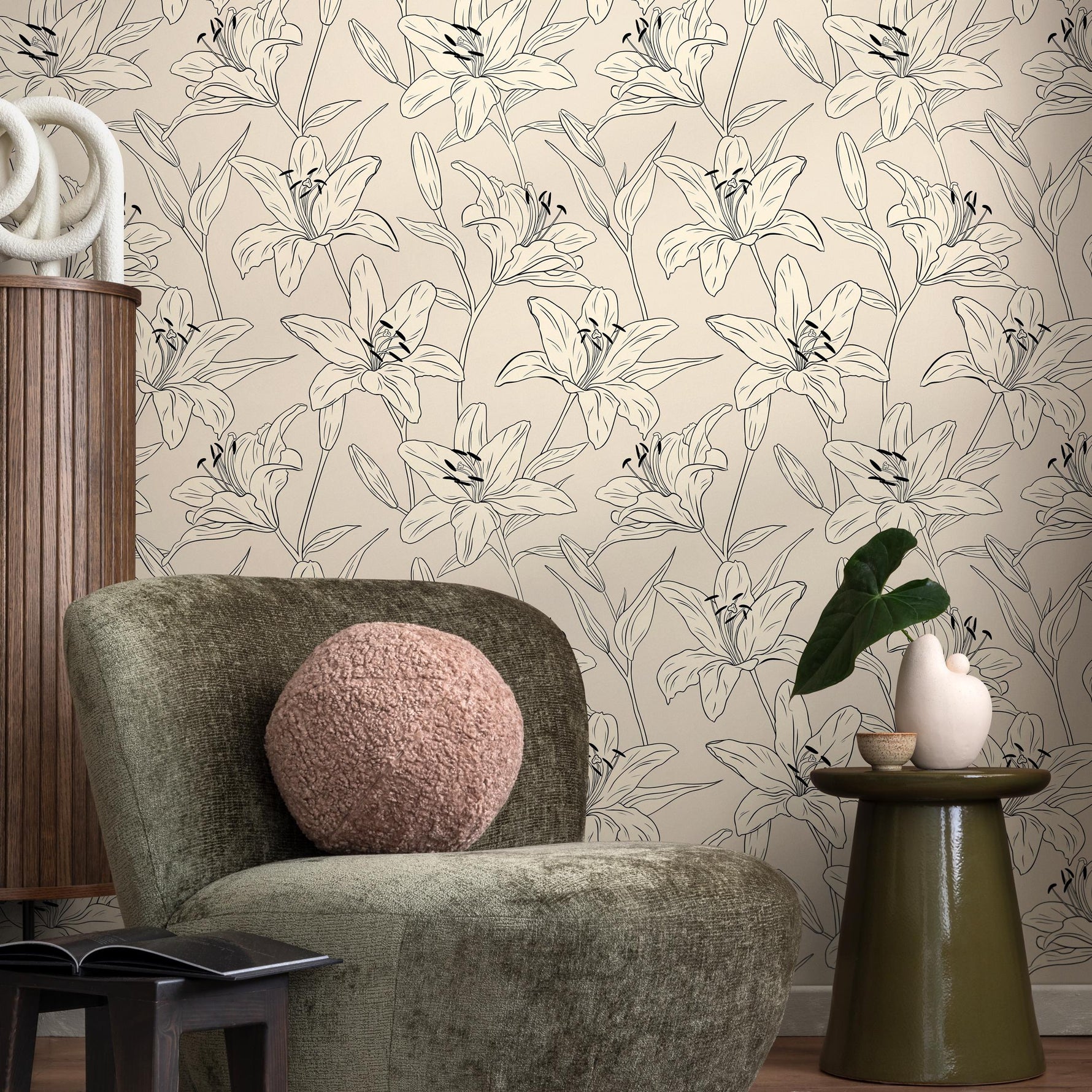 Lily Wallpaper: Vintage Peel and Stick Wallpaper for Home Decor Floral Design Colorful Ivory Blooming Spring Garden - E036