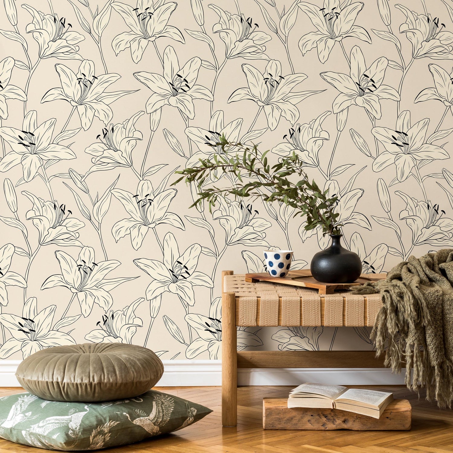 Lily Wallpaper: Vintage Peel and Stick Wallpaper for Home Decor Floral Design Colorful Ivory Blooming Spring Garden - E036