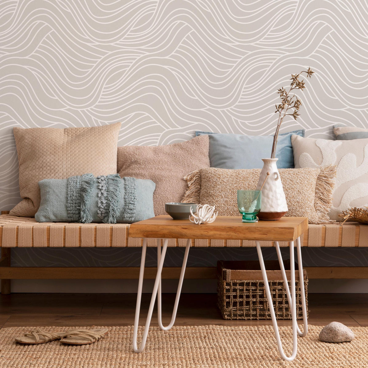 Gray and Beige Coastal Sea Waves Design Temporary Peel and Stick Self-Adhesive Wallpaper - E039