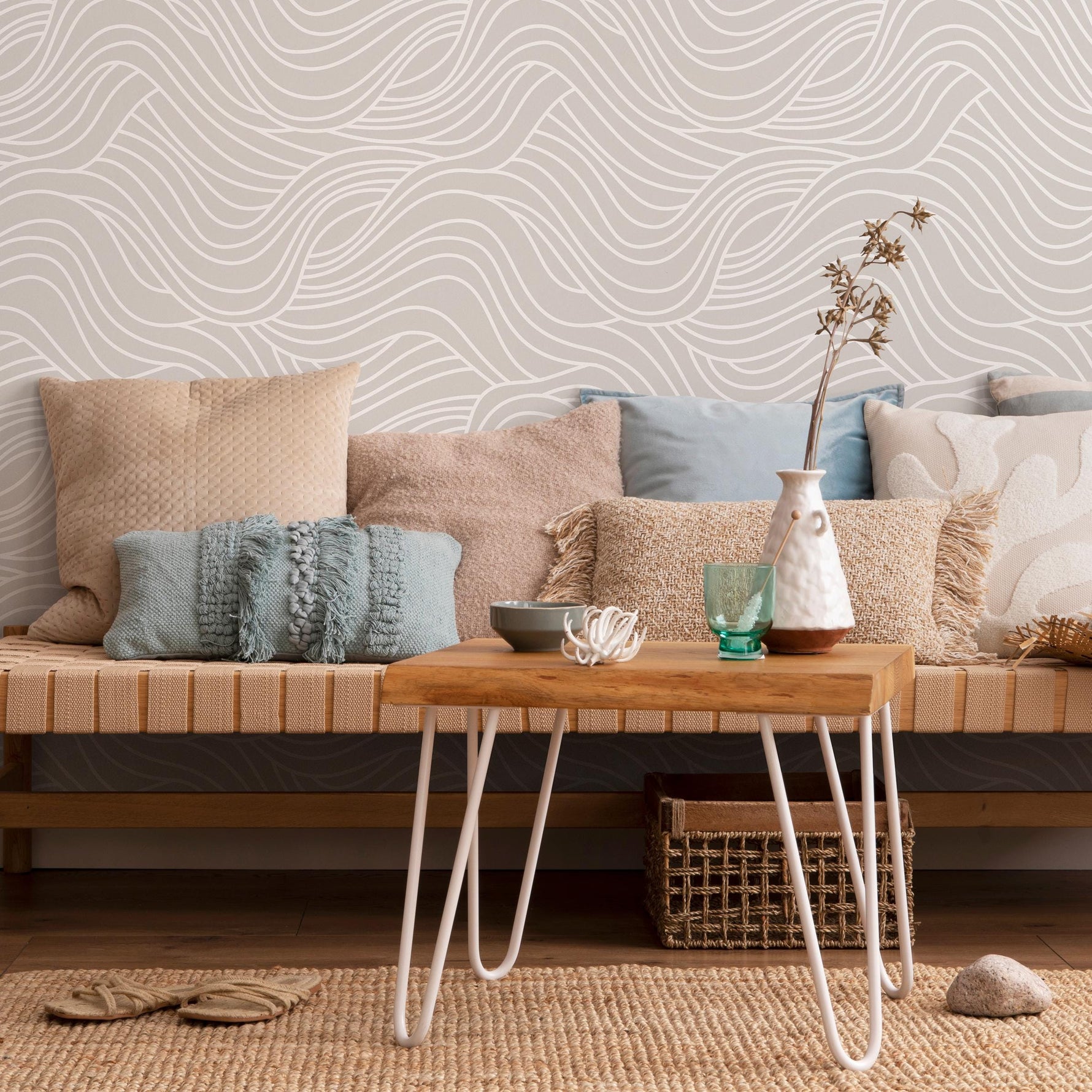 Gray and Beige Coastal Sea Waves Design Temporary Peel and Stick Self-Adhesive Wallpaper - E039