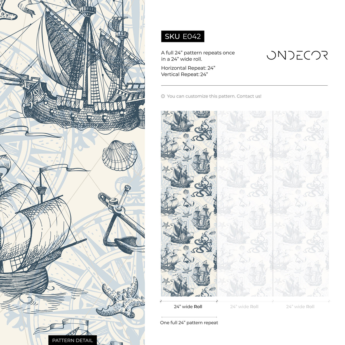 Removable wallpaper with coastal ocean animals and boats, navy blue nautical wallpaper with underwater fish, marine boat sticker - E042