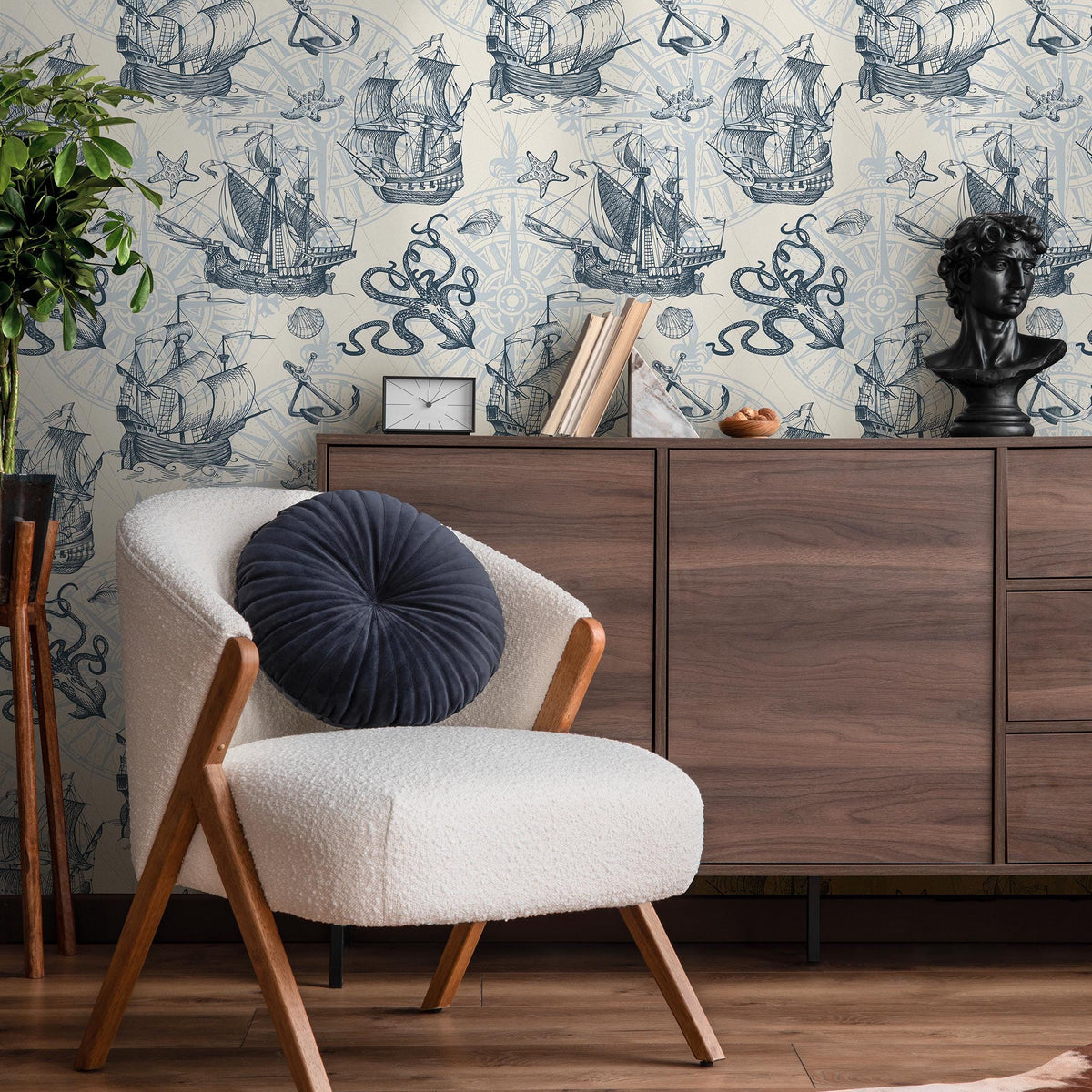 Removable wallpaper with coastal ocean animals and boats, navy blue nautical wallpaper with underwater fish, marine boat sticker - E042