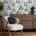 Removable wallpaper with coastal ocean animals and boats, navy blue nautical wallpaper with underwater fish, marine boat sticker - E042