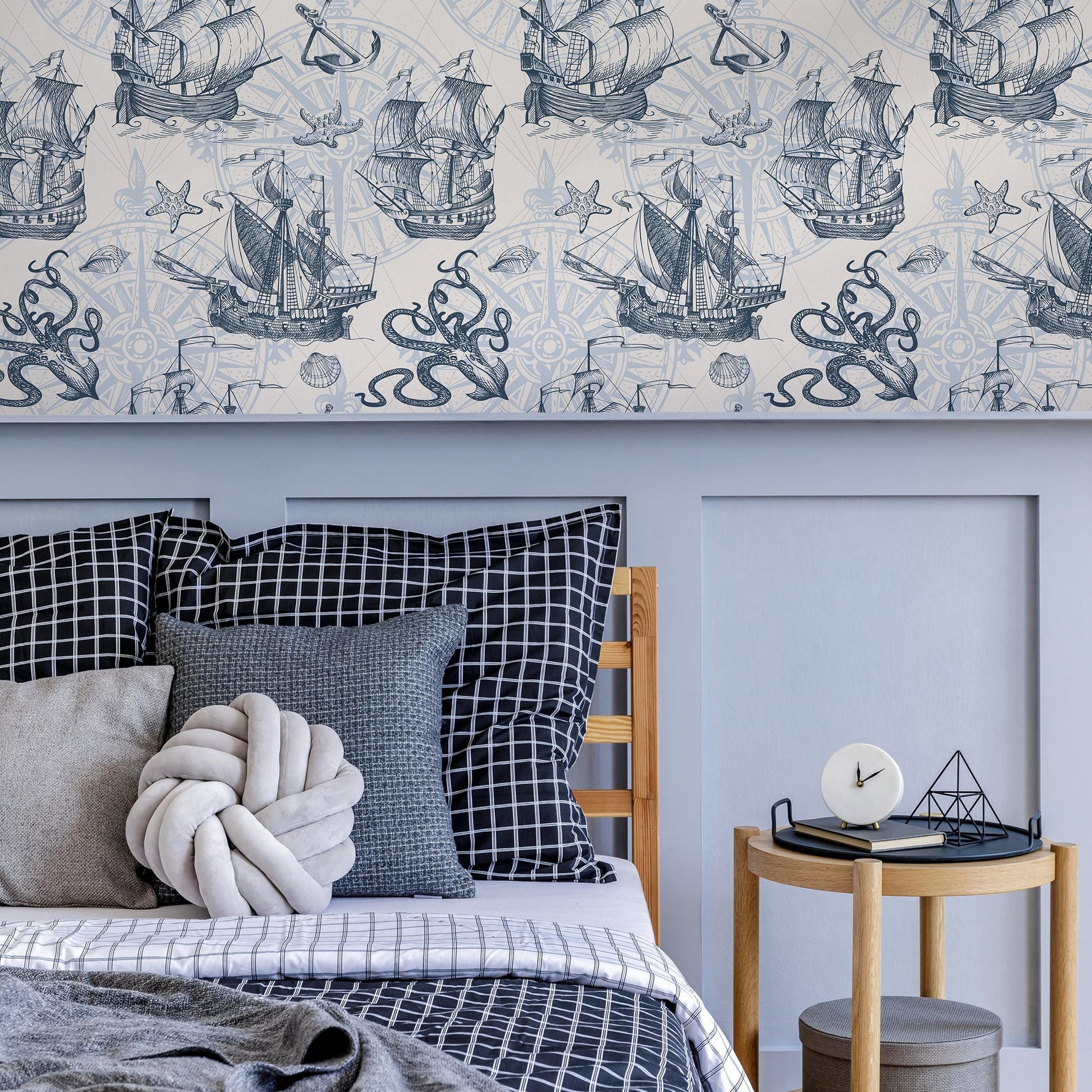 Removable wallpaper with coastal ocean animals and boats, navy blue nautical wallpaper with underwater fish, marine boat sticker - E042