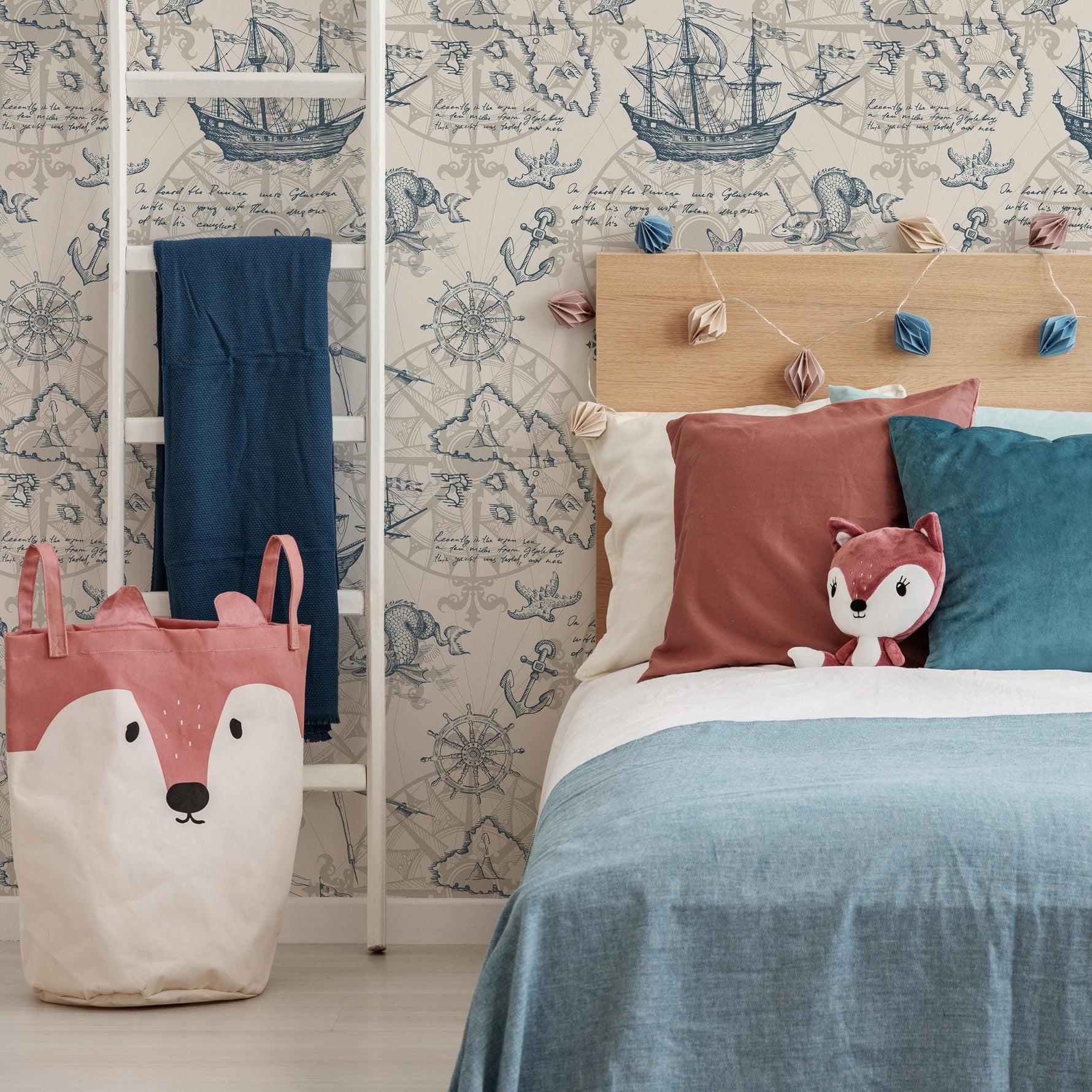 Removable wallpaper with coastal ocean animals and boats, navy blue nautical wallpaper with underwater fish, marine boat sticker - E044