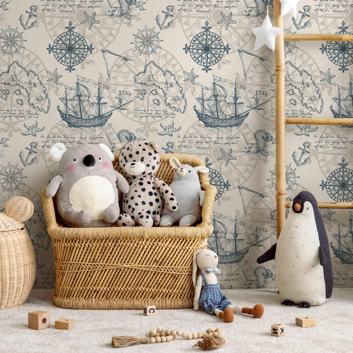 Removable wallpaper with coastal ocean animals and boats, navy blue nautical wallpaper with underwater fish, marine boat sticker - E044