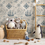 Removable wallpaper with coastal ocean animals and boats, navy blue nautical wallpaper with underwater fish, marine boat sticker - E044