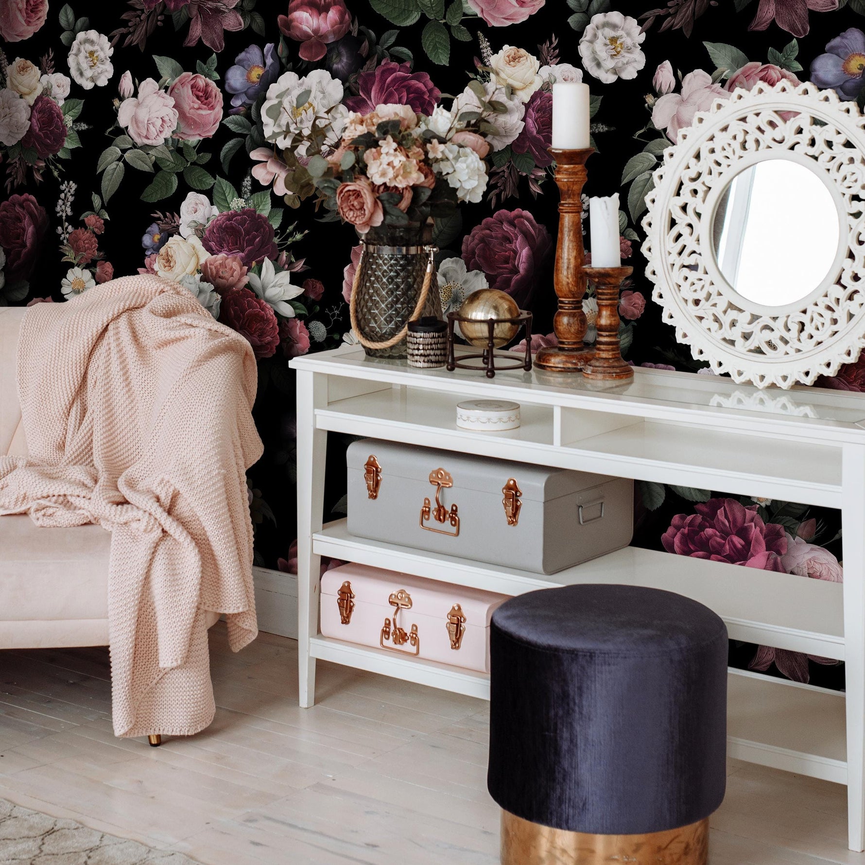 Dark Blossom Wall Mural, Elegant Dark Floral Wallpaper - Bold and Beautiful Design - E046