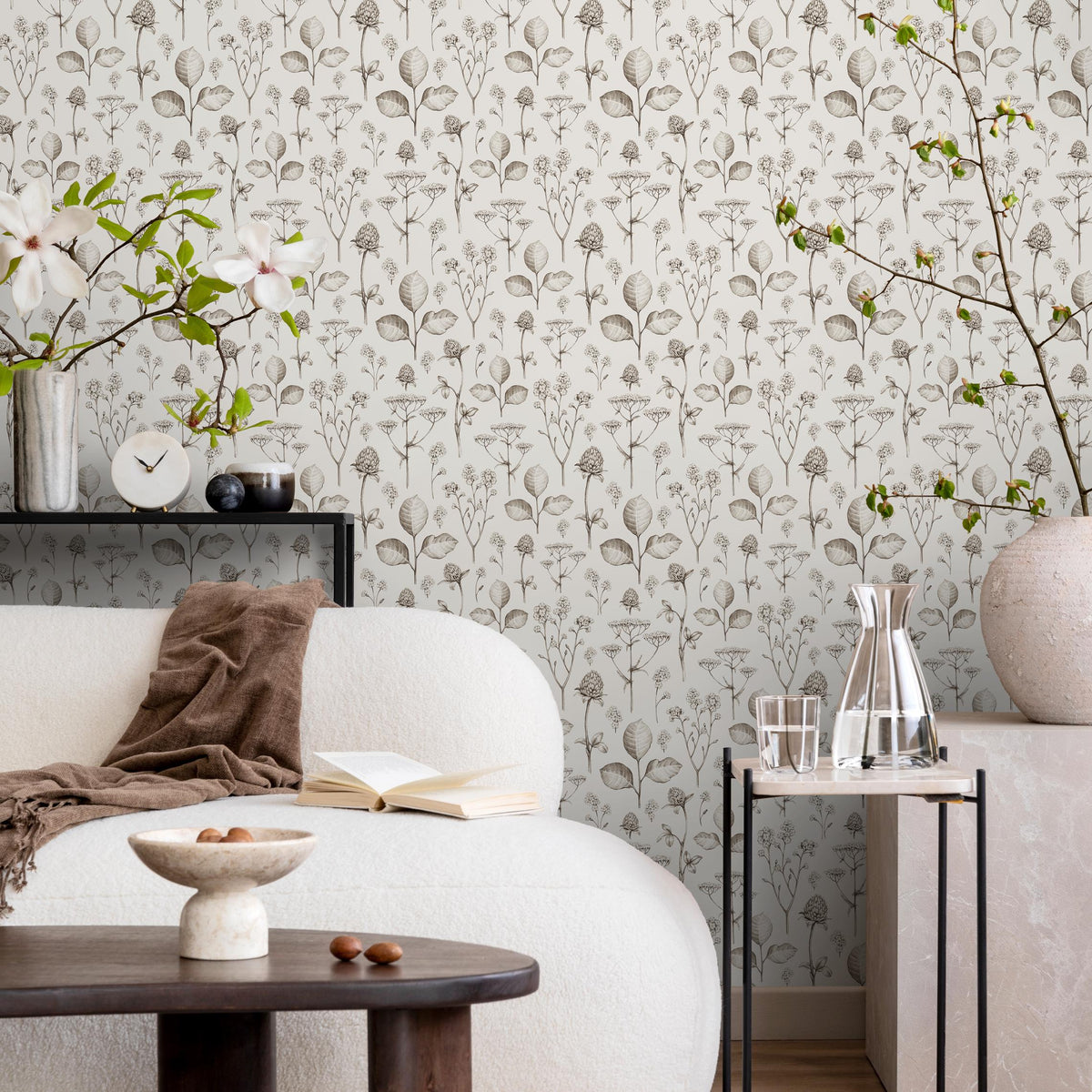 Neutral Vintage Florals Wallpaper, Modern Bohemian Style Floral Pattern Wallpaper, Removable Peel and Stick & Traditional Wallpaper - E055
