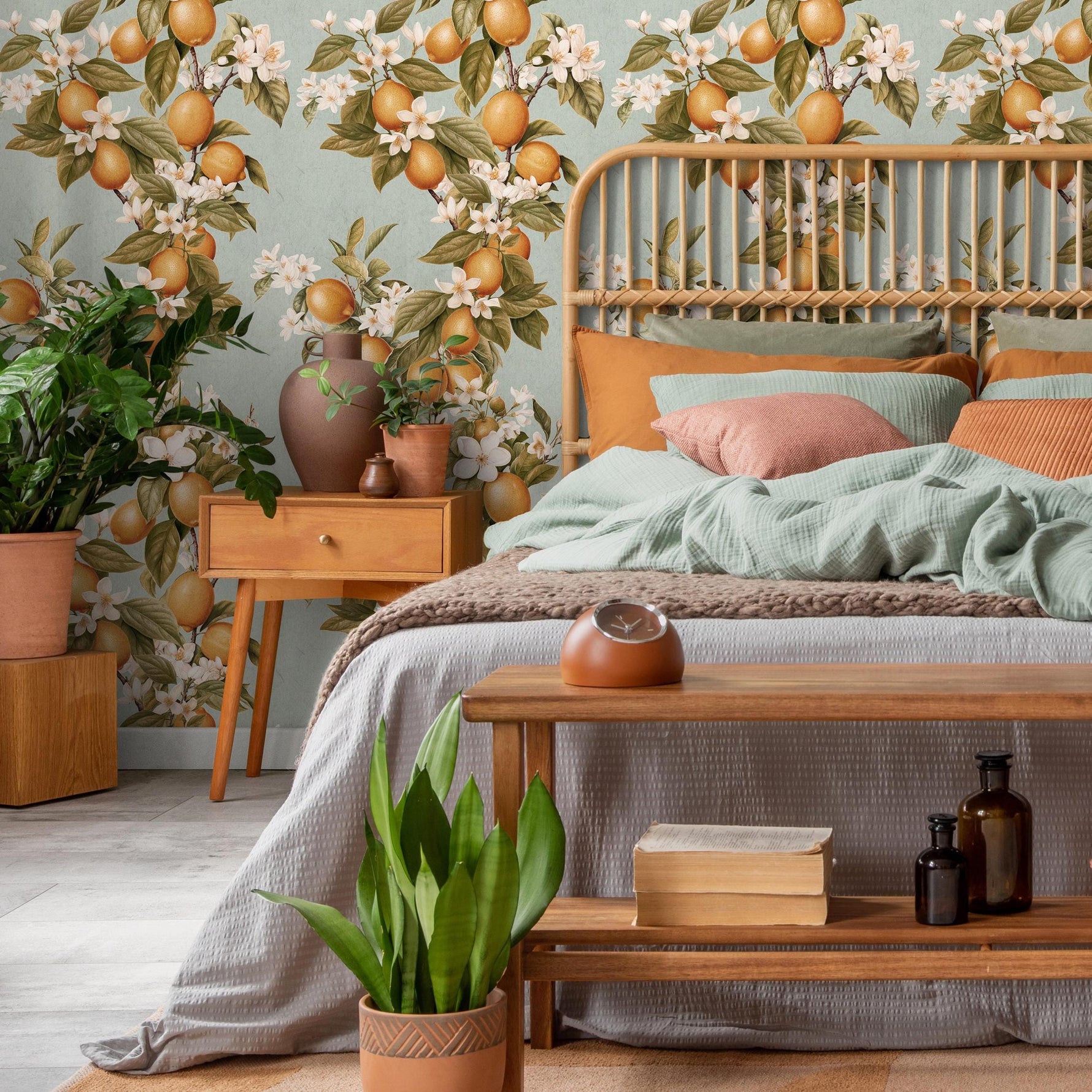 Vintage lemon tree wallpaper, citrus wallpaper, fruit kitchen wallpaper, Italian-inspired home decor - E056