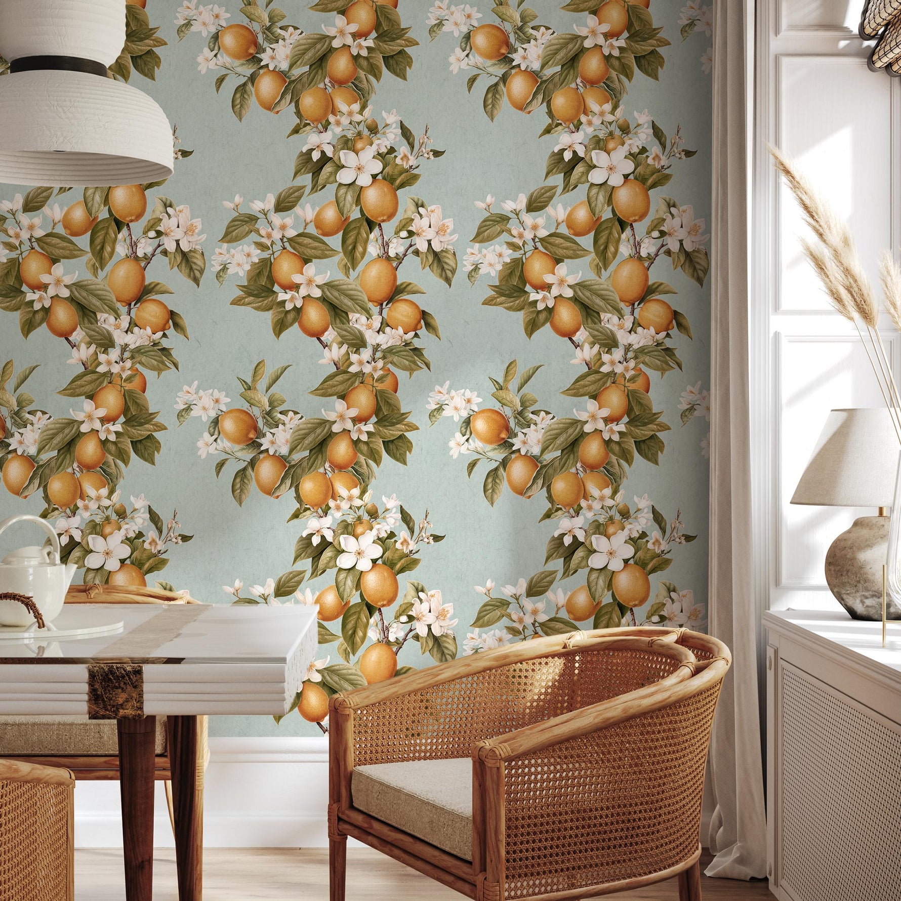 Vintage lemon tree wallpaper, citrus wallpaper, fruit kitchen wallpaper, Italian-inspired home decor - E056