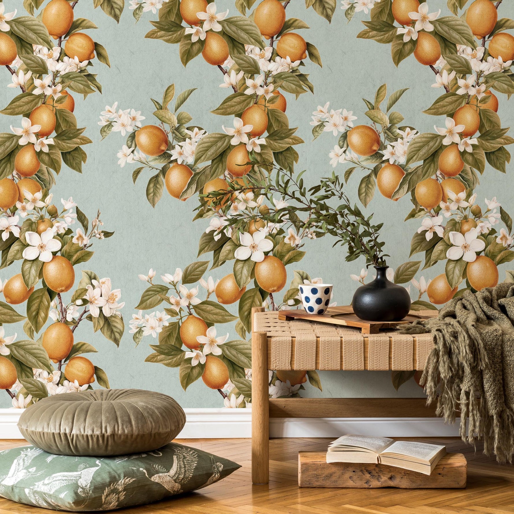 Vintage lemon tree wallpaper, citrus wallpaper, fruit kitchen wallpaper, Italian-inspired home decor - E056