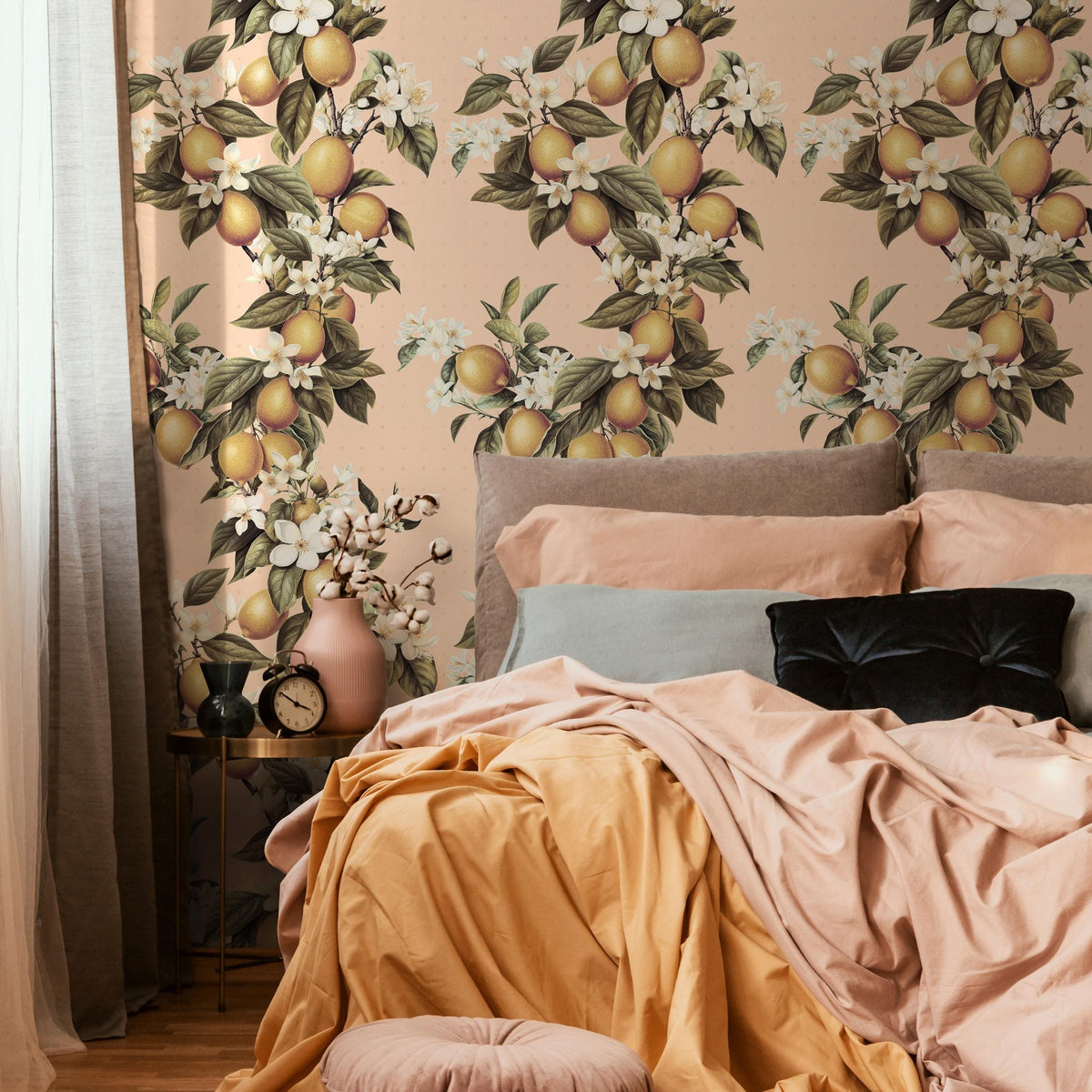 Vintage lemon tree wallpaper, citrus wallpaper, fruit kitchen wallpaper, Italian-inspired home decor - E058