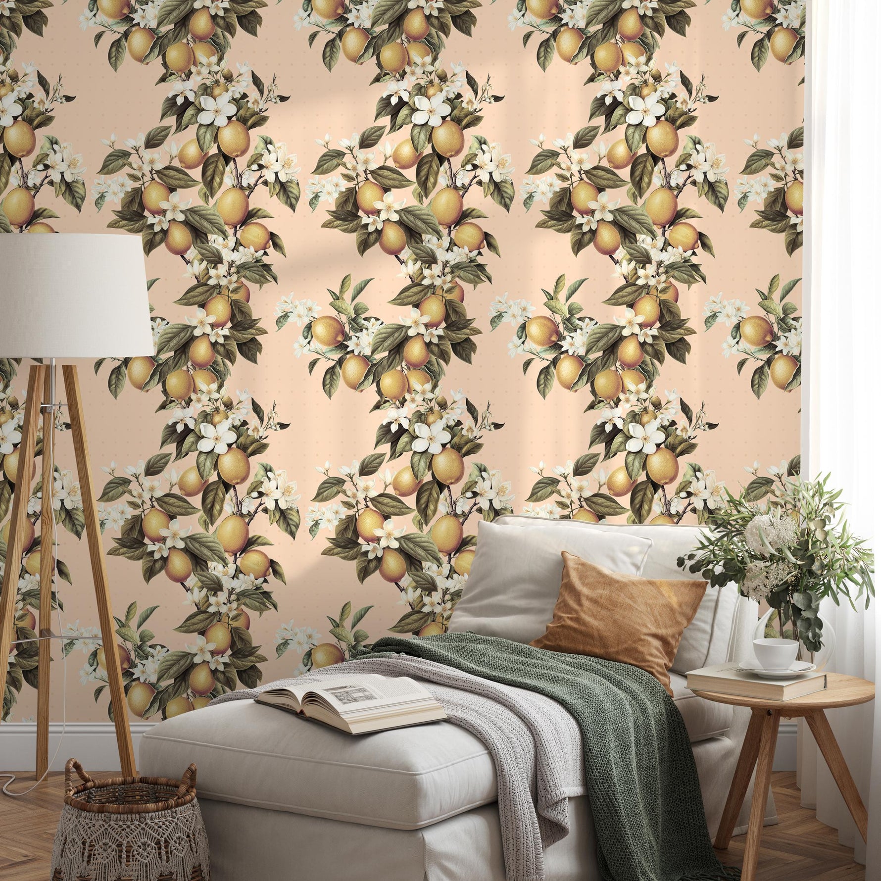 Vintage lemon tree wallpaper, citrus wallpaper, fruit kitchen wallpaper, Italian-inspired home decor - E058