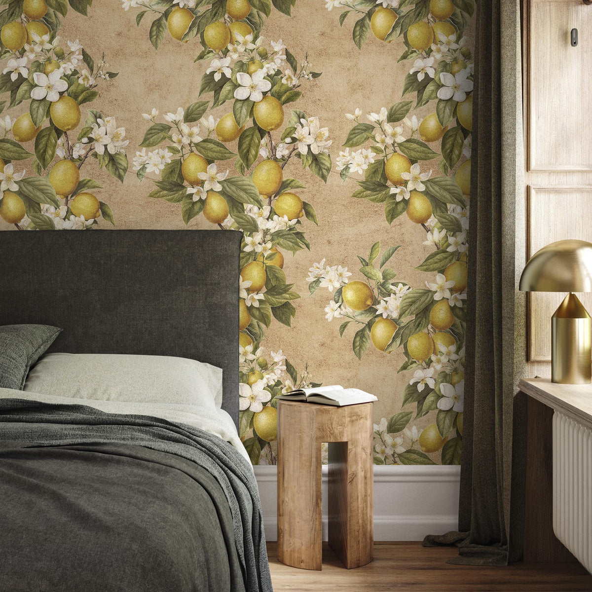 Vintage lemon tree wallpaper, citrus wallpaper, fruit kitchen wallpaper, Italian-inspired home decor - E060