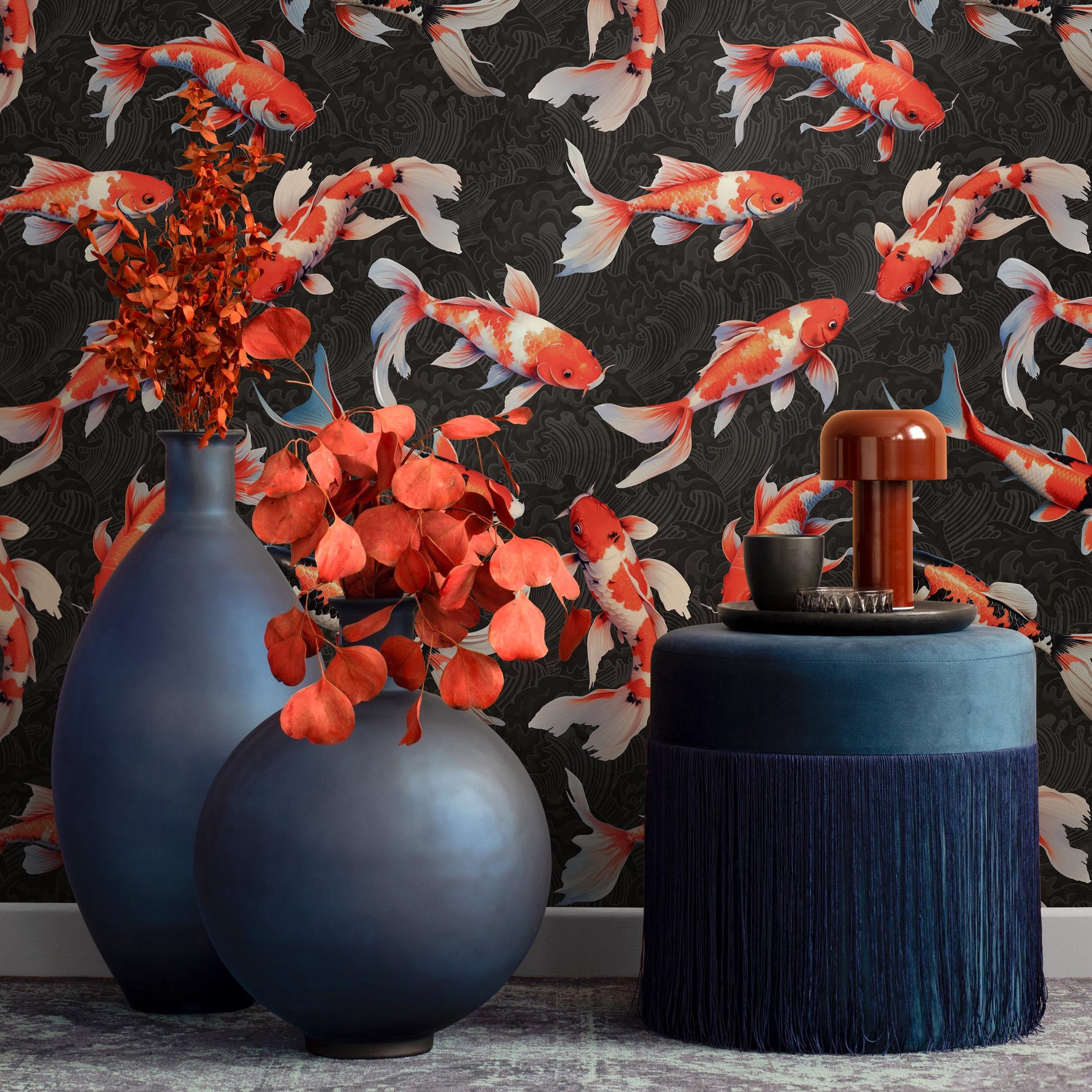 Koi fish wallpaper, Vintage marine wall mural, Japanese waves, Japanese fish - E063