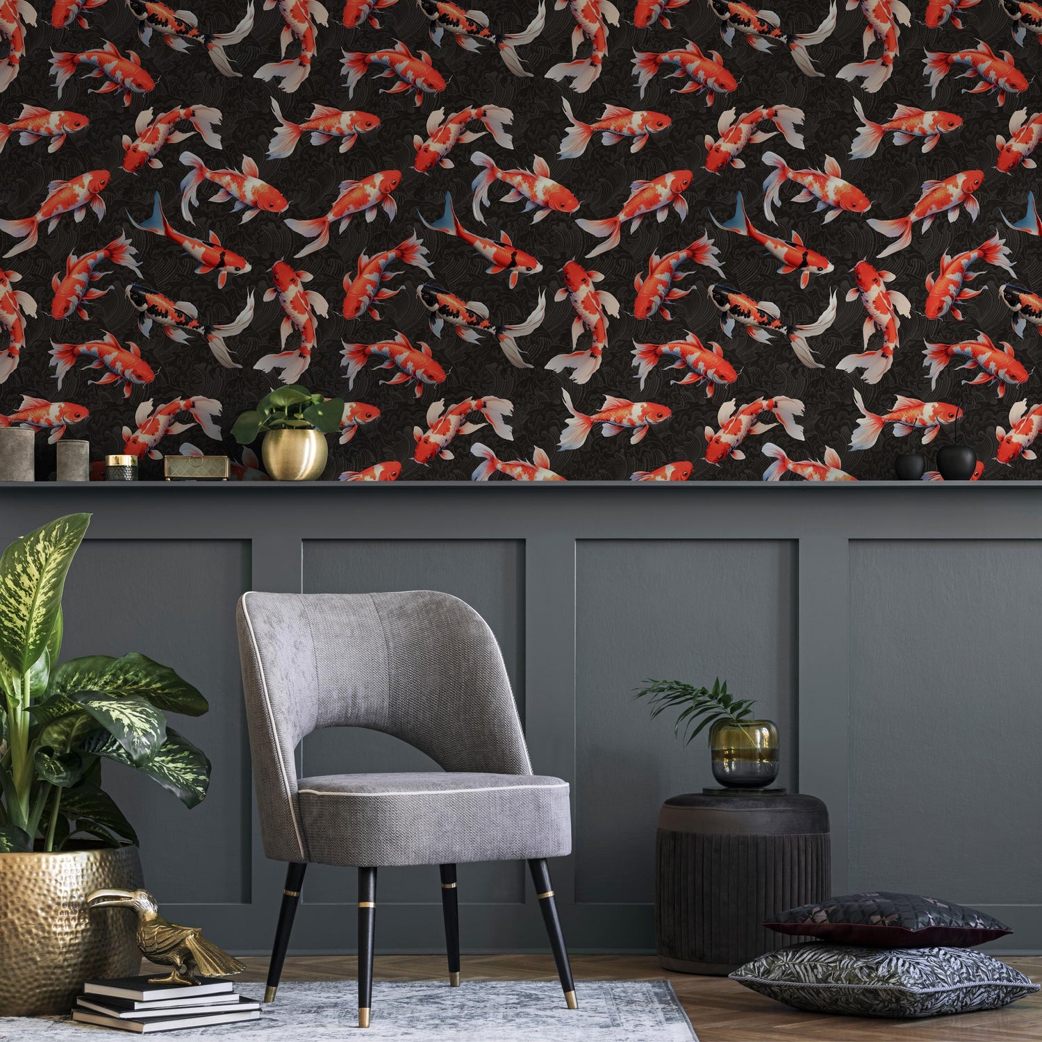 Koi fish wallpaper, Vintage marine wall mural, Japanese waves, Japanese fish - E063