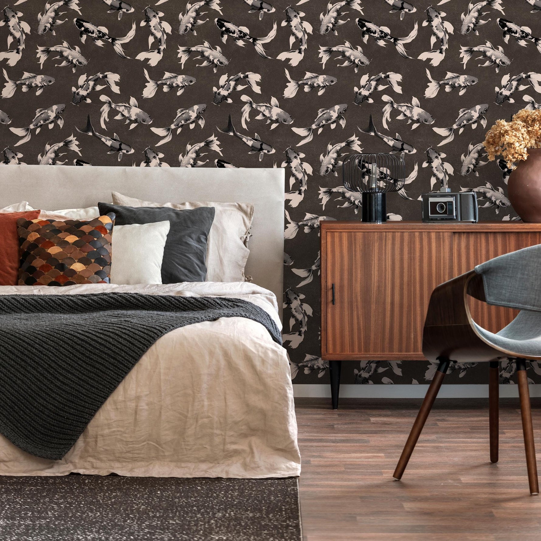 Koi fish wallpaper, Vintage marine wall mural, Japanese waves, Japanese fish - E066