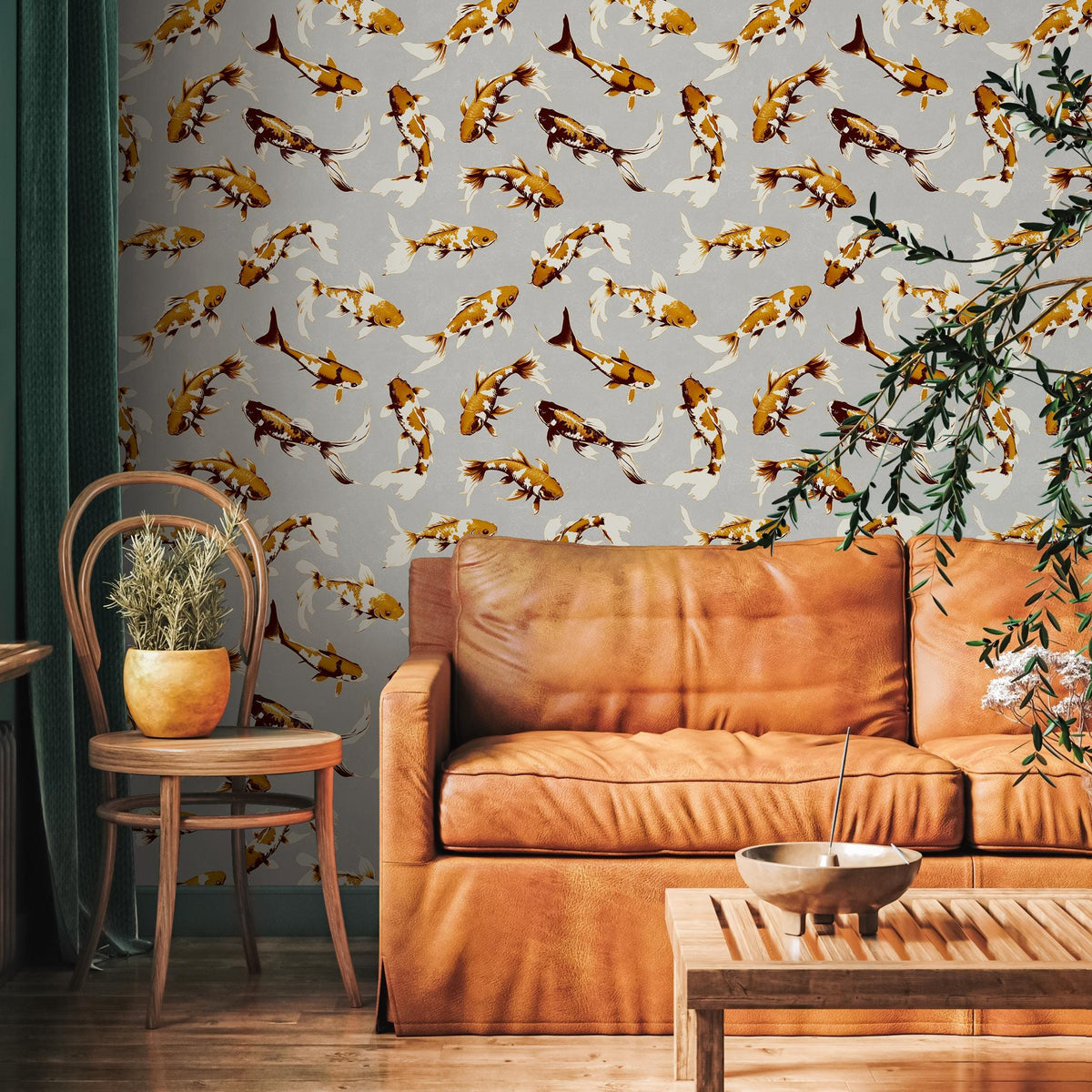 Koi fish wallpaper, Vintage marine wall mural, Japanese waves, Japanese fish - E068