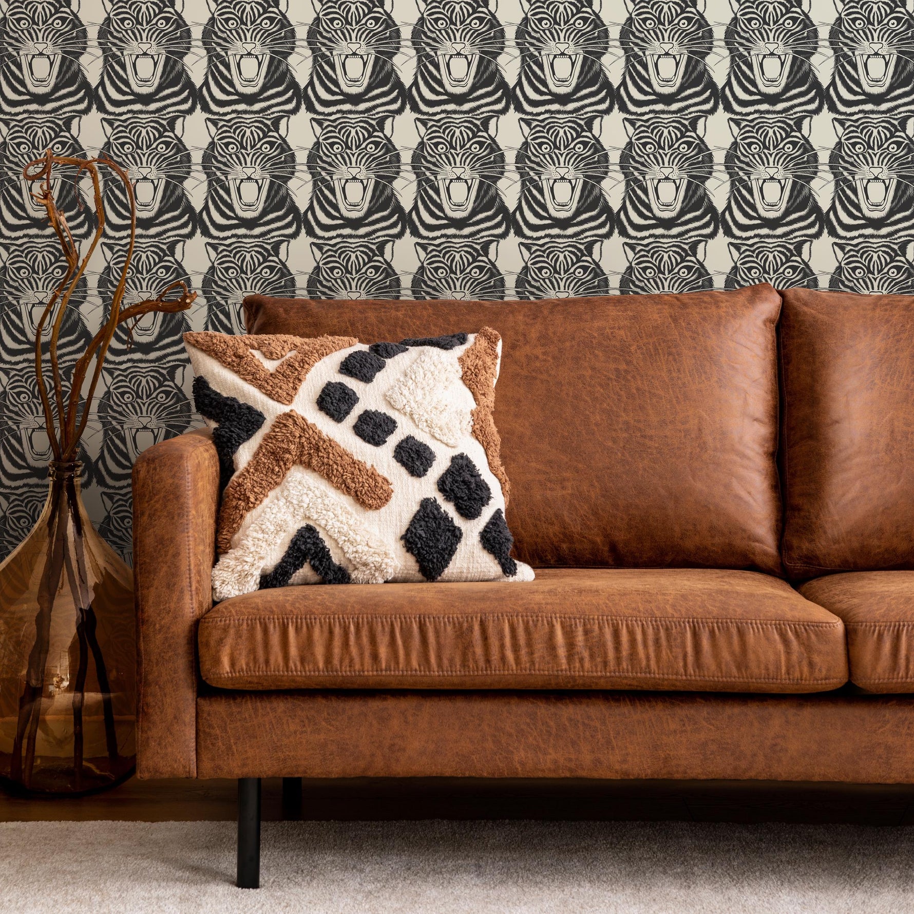 Tiger Head Wallpaper, Peel and Stick Wall Decor, Vintage Self-Adhesive Tiger Face Wallpaper, Temporary or Permanent for Home Decor - E070