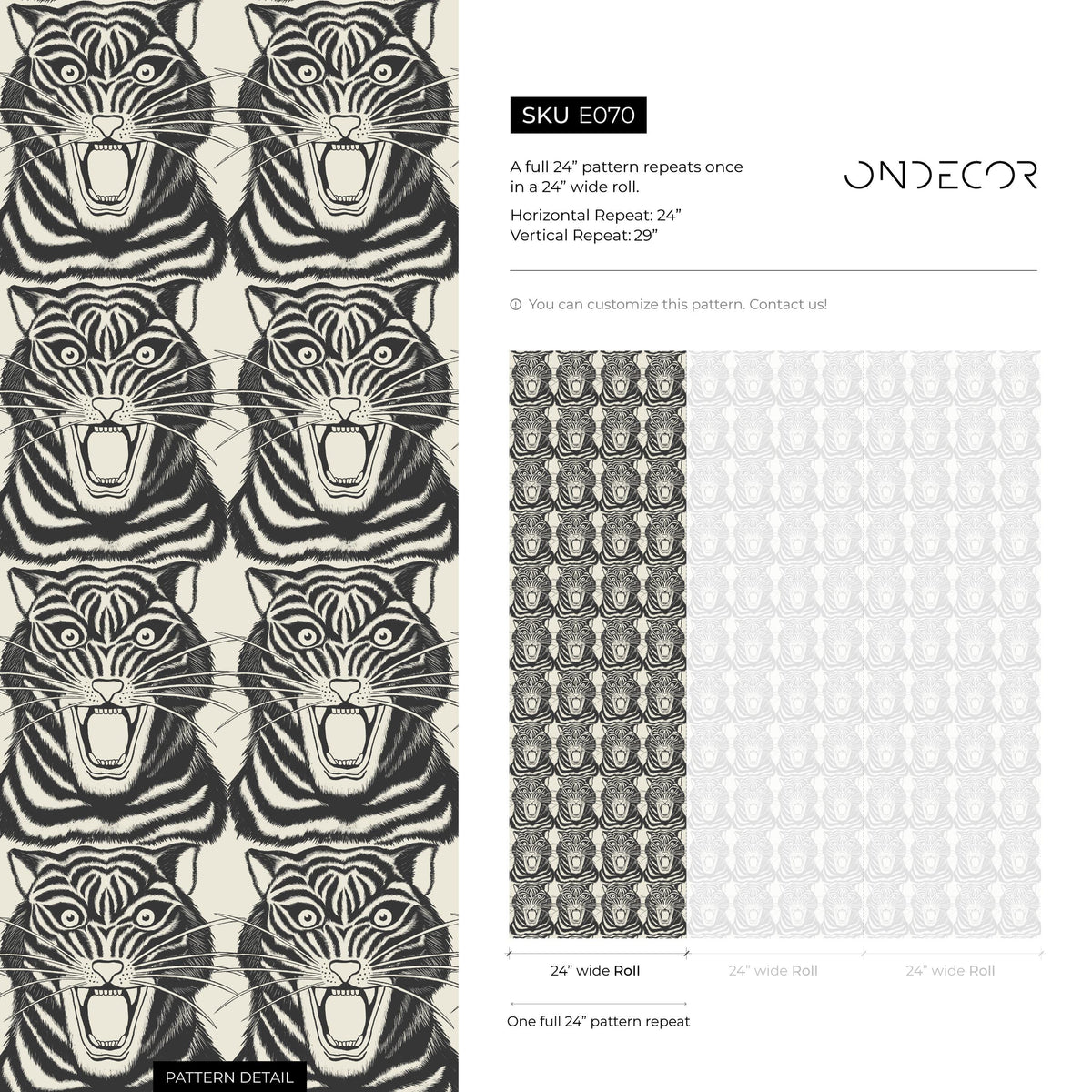 Tiger Head Wallpaper, Peel and Stick Wall Decor, Vintage Self-Adhesive Tiger Face Wallpaper, Temporary or Permanent for Home Decor - E070