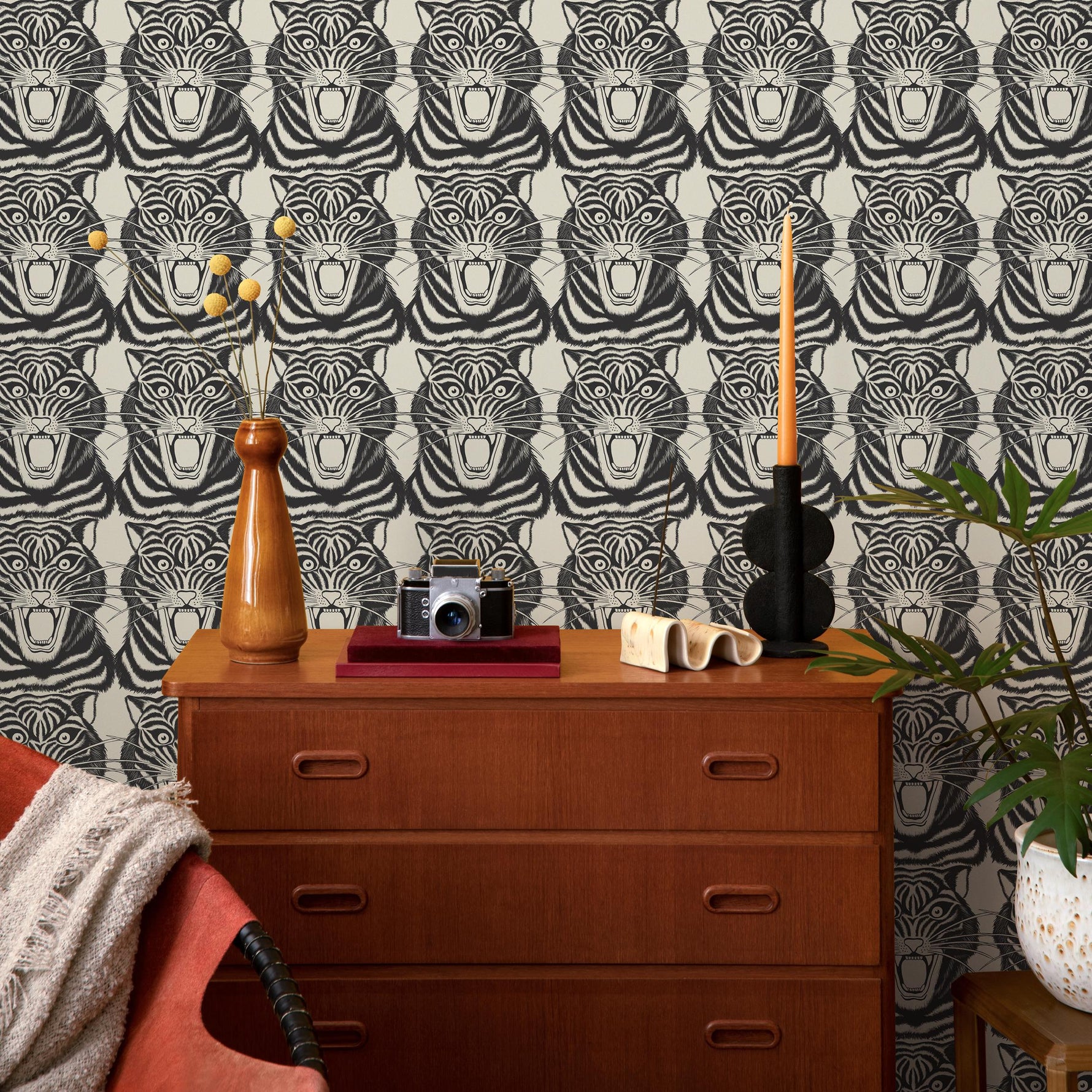 Tiger Head Wallpaper, Peel and Stick Wall Decor, Vintage Self-Adhesive Tiger Face Wallpaper, Temporary or Permanent for Home Decor - E070