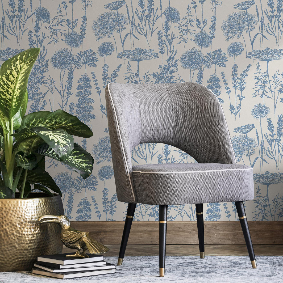 Denim Blue Wildflower Removable Wallpaper, available as self adhesive or non woven wallpaper - E079