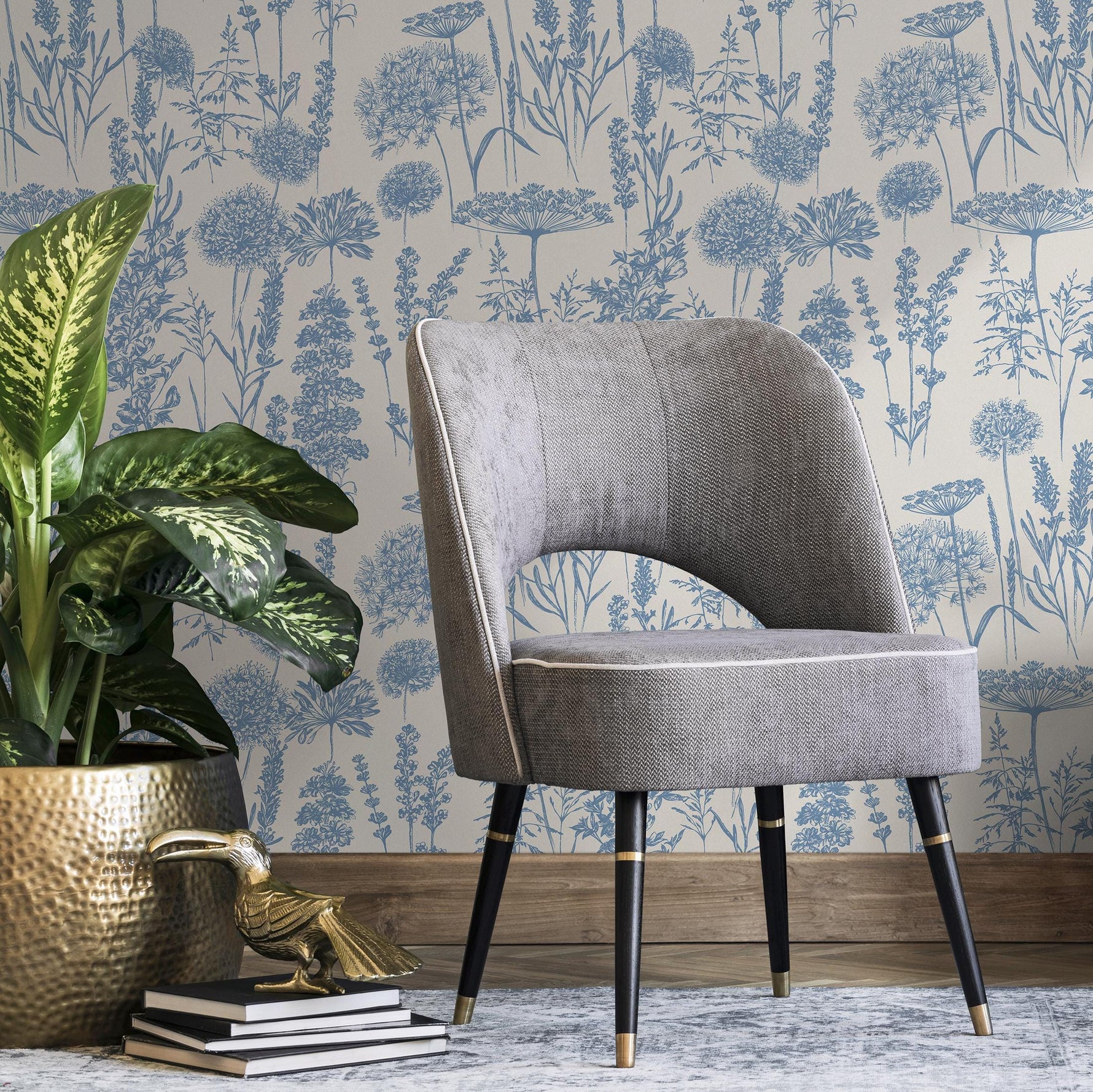 Denim Blue Wildflower Removable Wallpaper, available as self adhesive or non woven wallpaper - E079