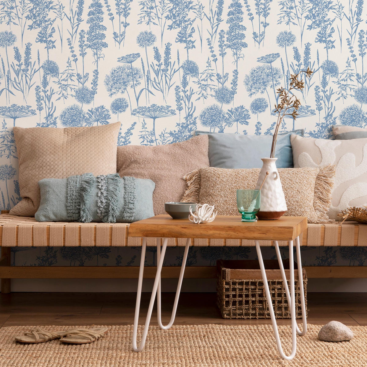 Denim Blue Wildflower Removable Wallpaper, available as self adhesive or non woven wallpaper - E079