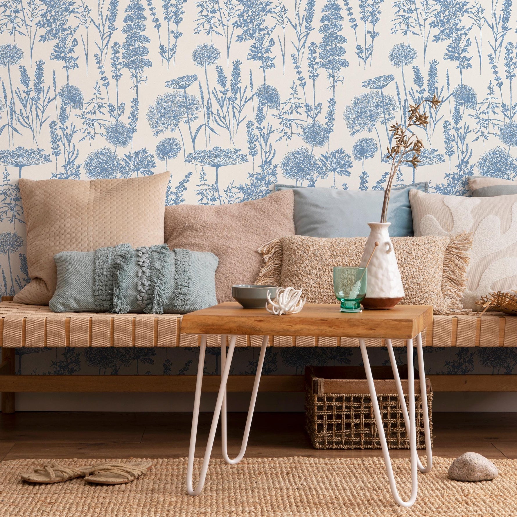 Denim Blue Wildflower Removable Wallpaper, available as self adhesive or non woven wallpaper - E079