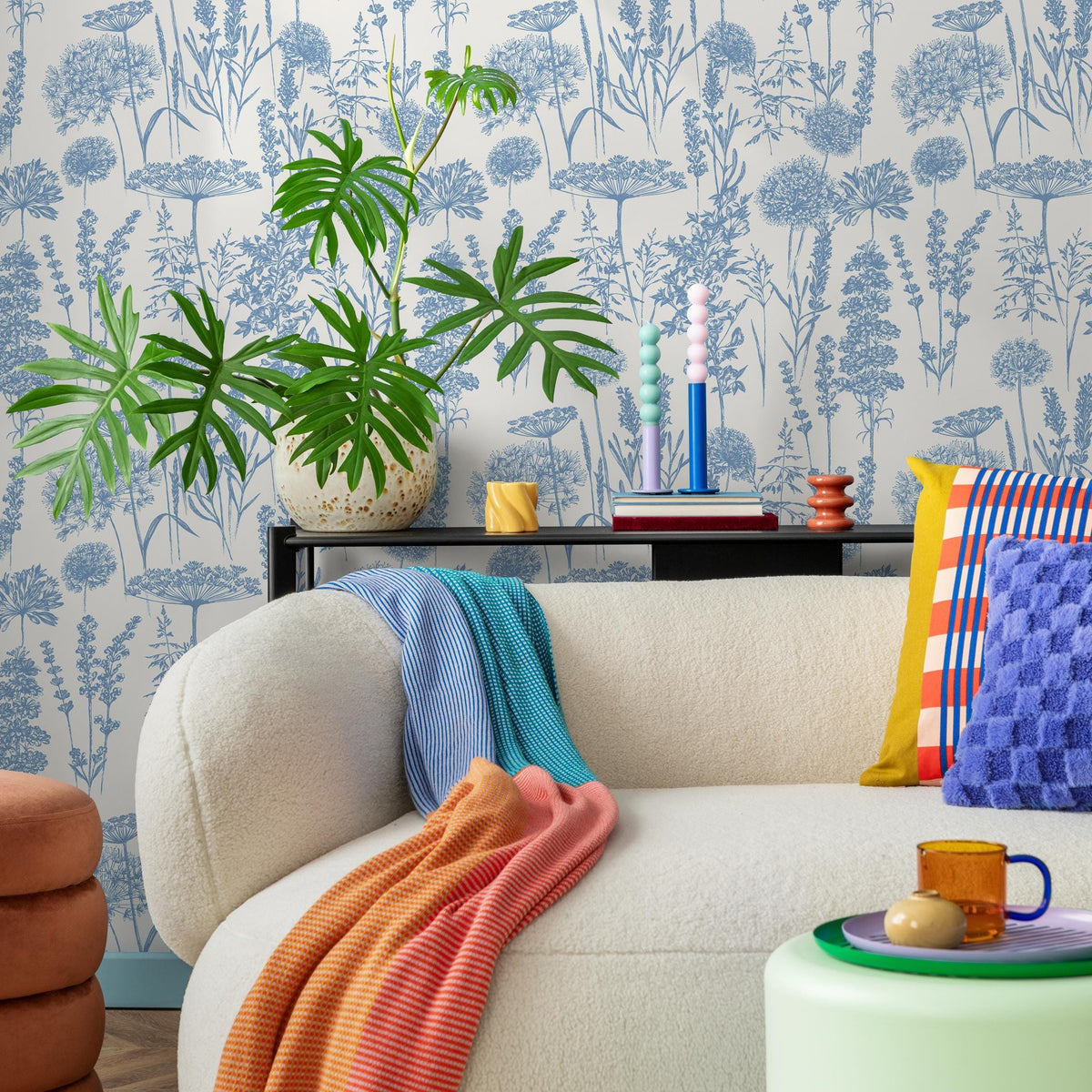 Denim Blue Wildflower Removable Wallpaper, available as self adhesive or non woven wallpaper - E079
