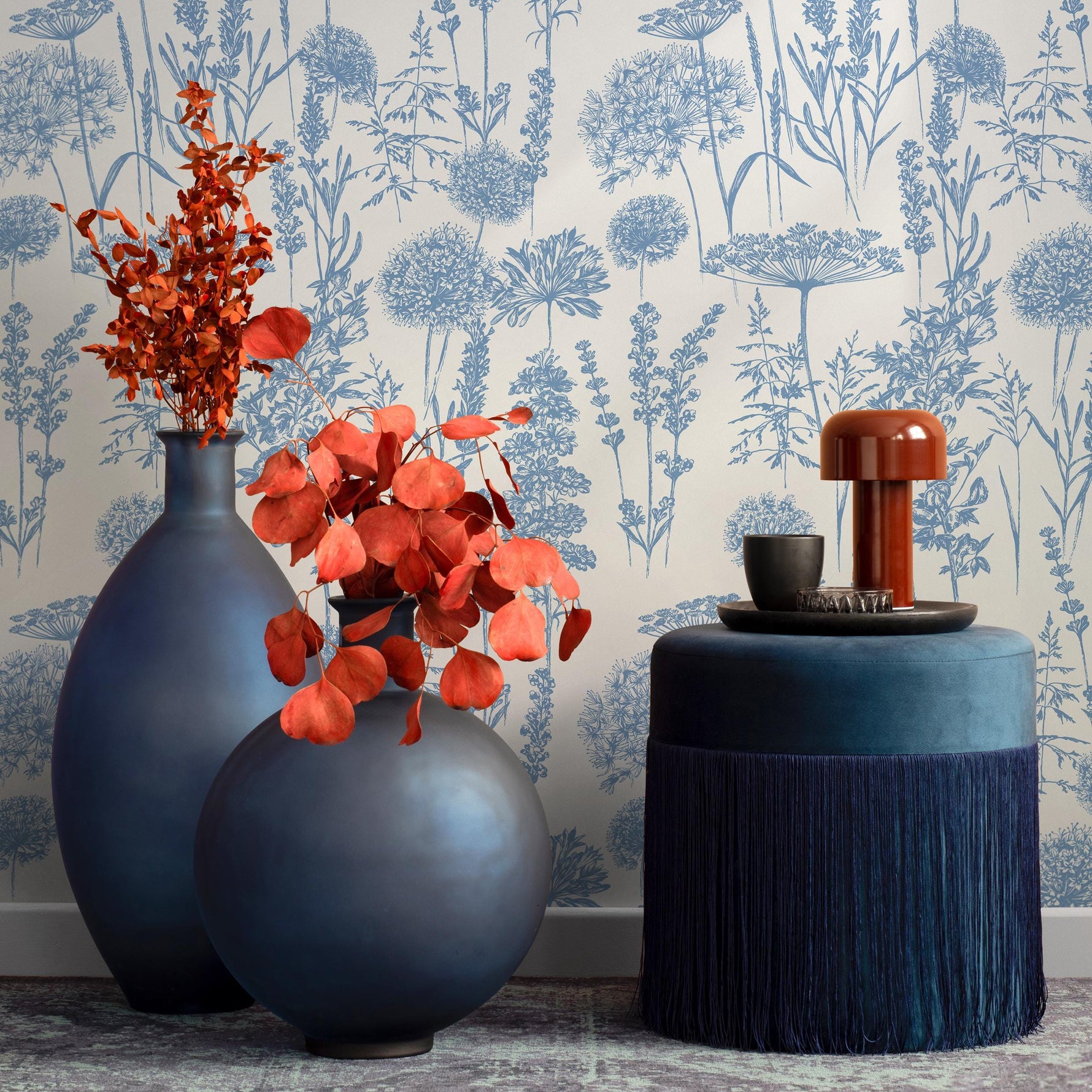 Denim Blue Wildflower Removable Wallpaper, available as self adhesive or non woven wallpaper - E079