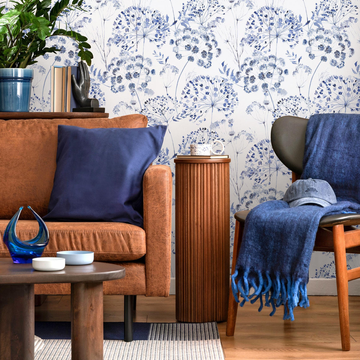 Denim Blue Wildflower Removable Wallpaper, available as self adhesive or non woven wallpaper - E081
