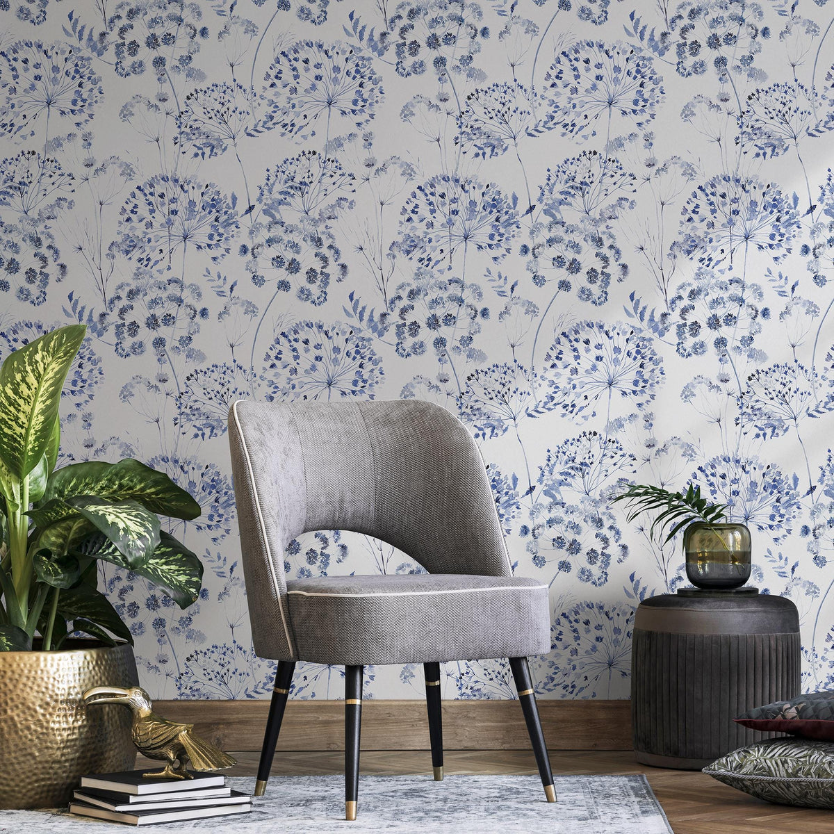 Denim Blue Wildflower Removable Wallpaper, available as self adhesive or non woven wallpaper - E081