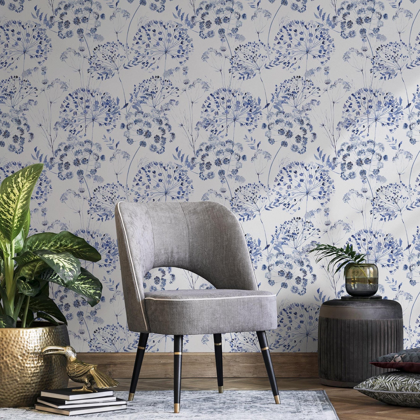 Denim Blue Wildflower Removable Wallpaper, available as self adhesive or non woven wallpaper - E081