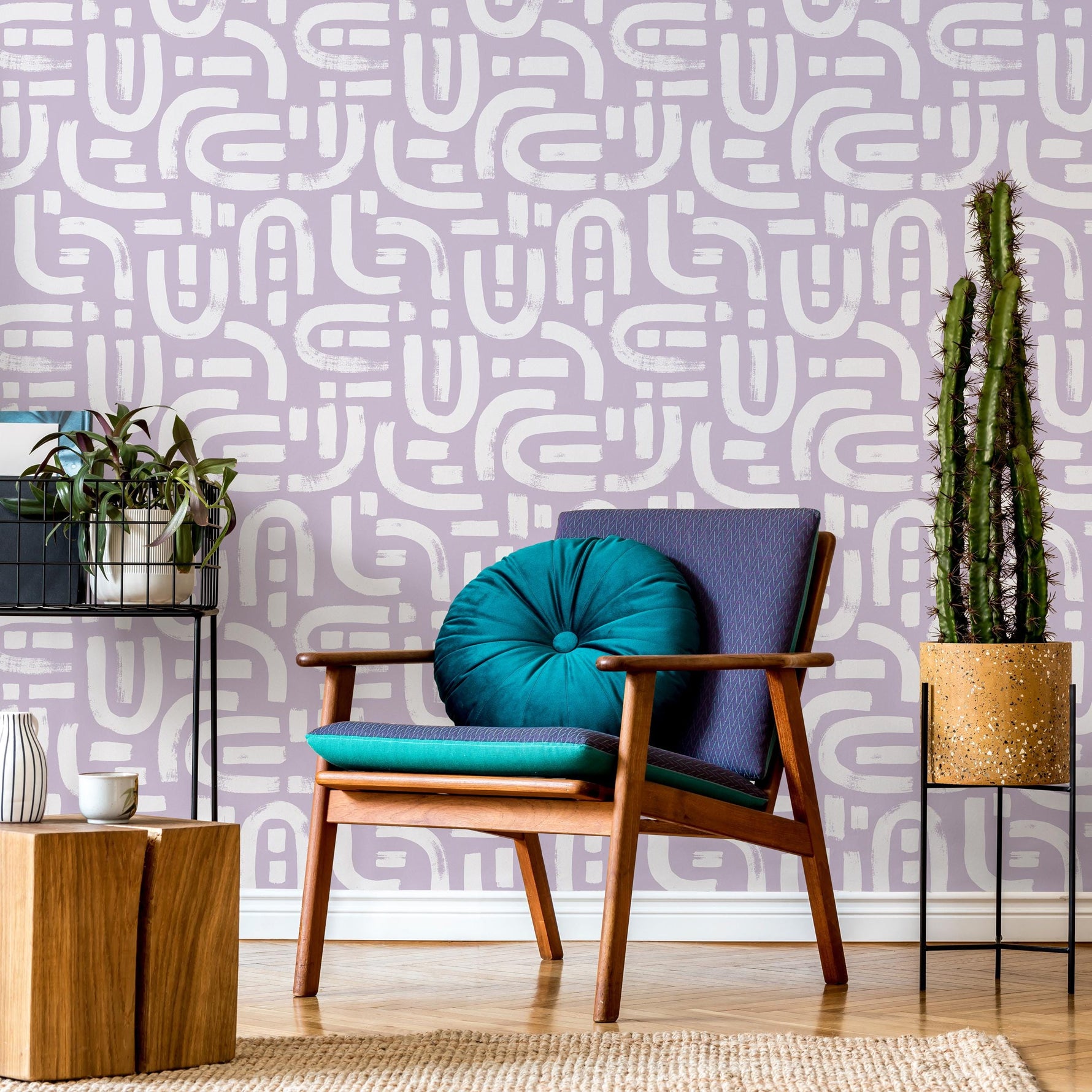 Lavender Color Brush Stroke Labyrinth Pattern Wallpaper / Minimal design abstract pattern Traditional or Removable Wallpaper - E088