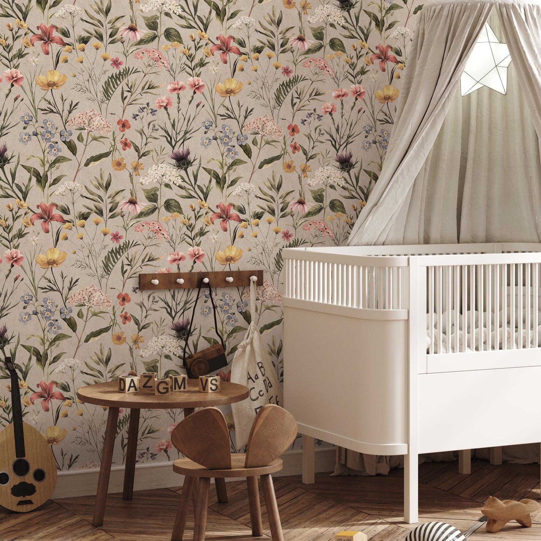 Watercolor Wildflower Wallpaper / Soft Botanical Floral Wall Mural / Small Flower and Grass Wallpaper / Field Flower Wall Mural - E116