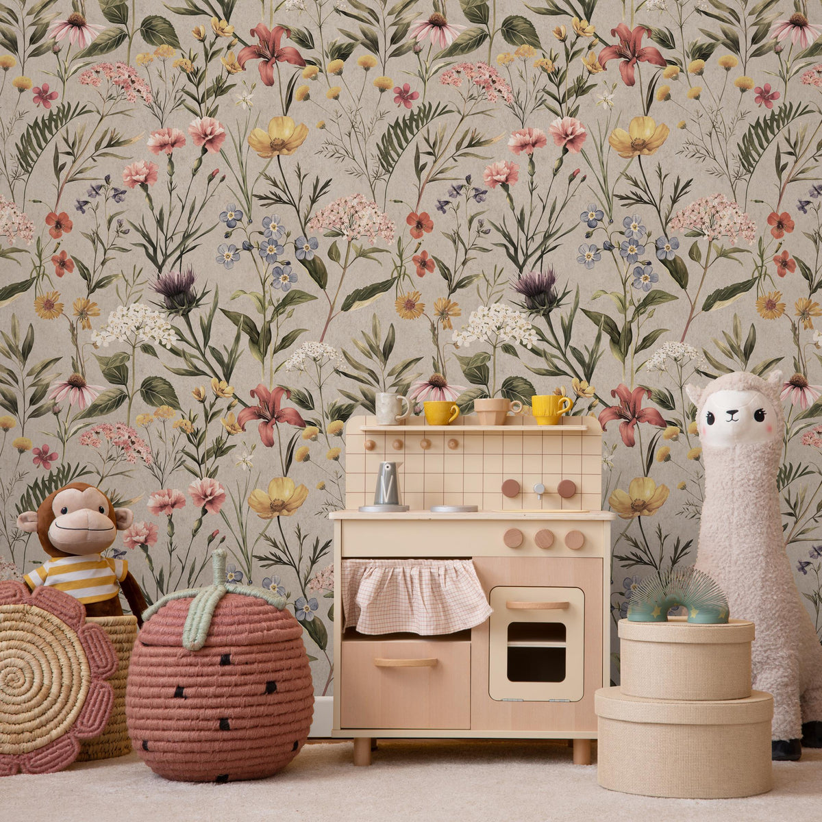 Watercolor Wildflower Wallpaper / Soft Botanical Floral Wall Mural / Small Flower and Grass Wallpaper / Field Flower Wall Mural - E116