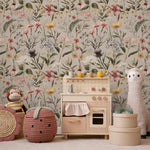 Watercolor Wildflower Wallpaper / Soft Botanical Floral Wall Mural / Small Flower and Grass Wallpaper / Field Flower Wall Mural - E116