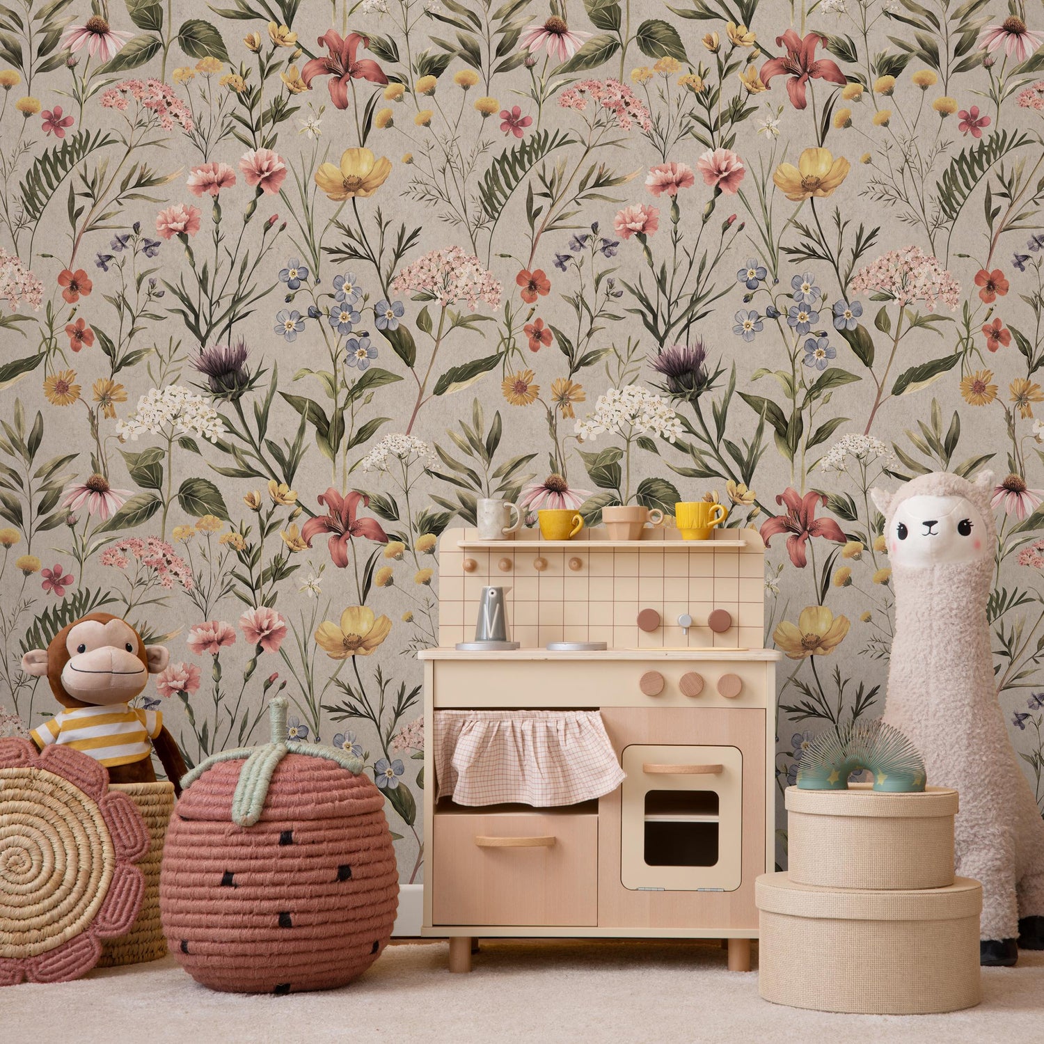 Watercolor Wildflower Wallpaper / Soft Botanical Floral Wall Mural / Small Flower and Grass Wallpaper / Field Flower Wall Mural - E116