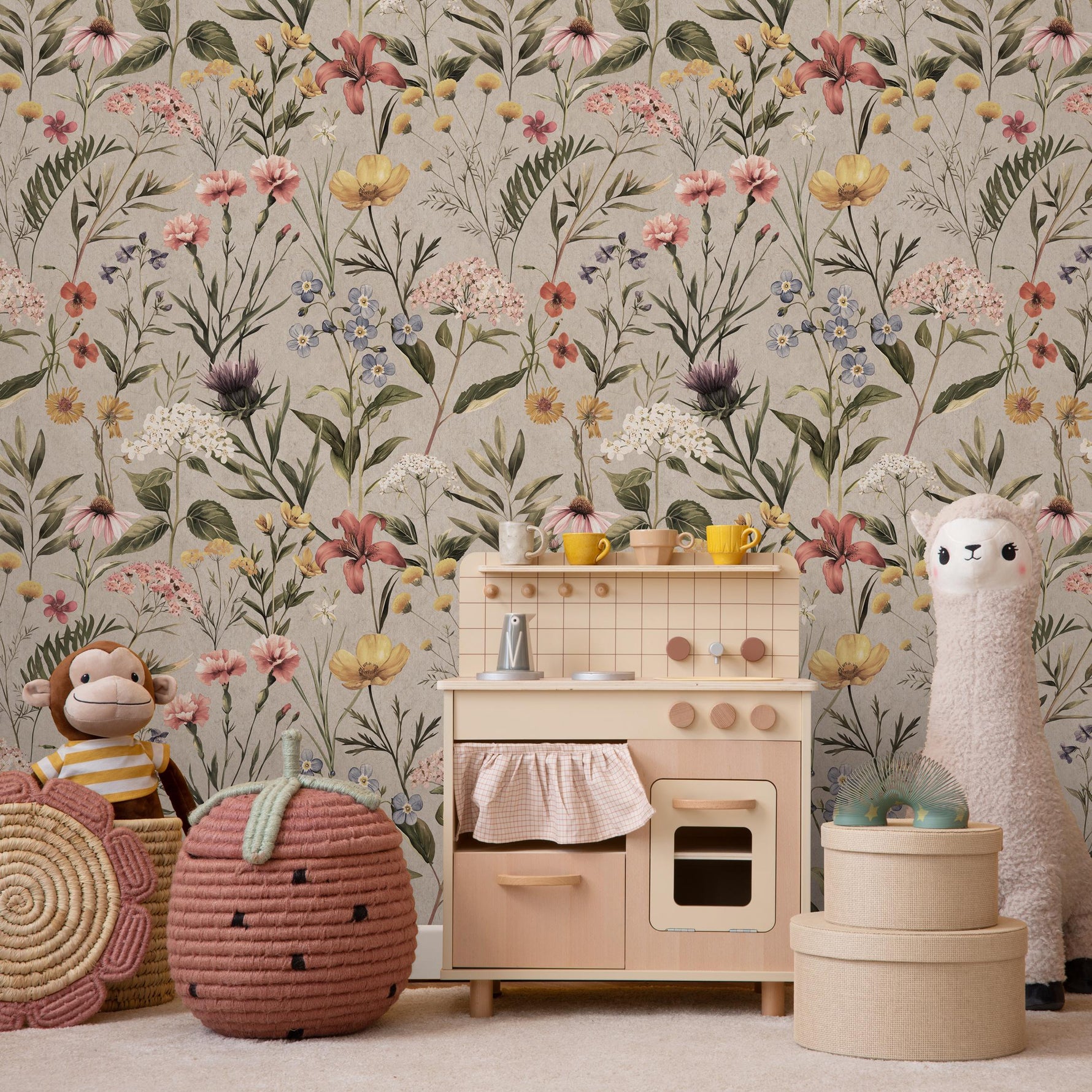 Watercolor Wildflower Wallpaper / Soft Botanical Floral Wall Mural / Small Flower and Grass Wallpaper / Field Flower Wall Mural - E116