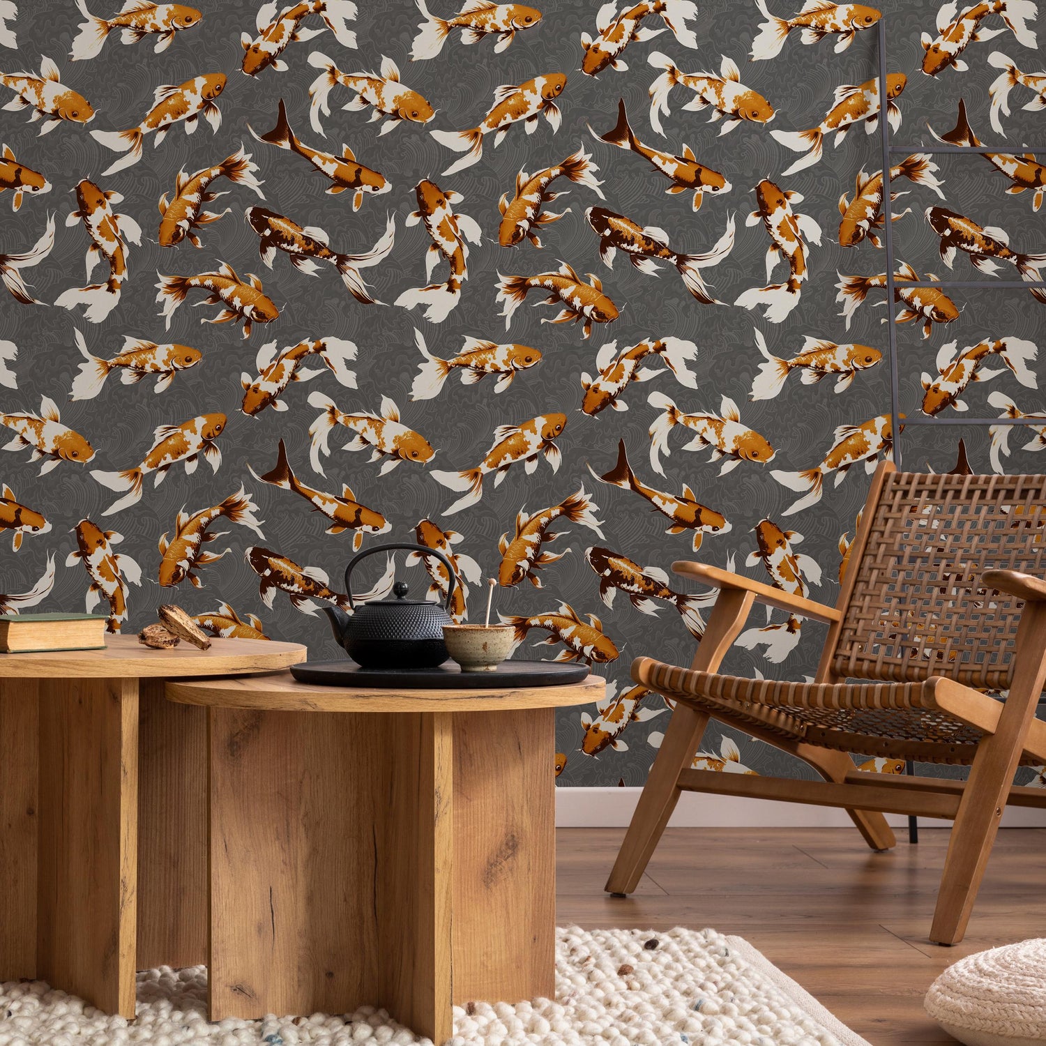 Koi fish wallpaper, Vintage marine wall mural, Japanese waves, Japanese fish - E064