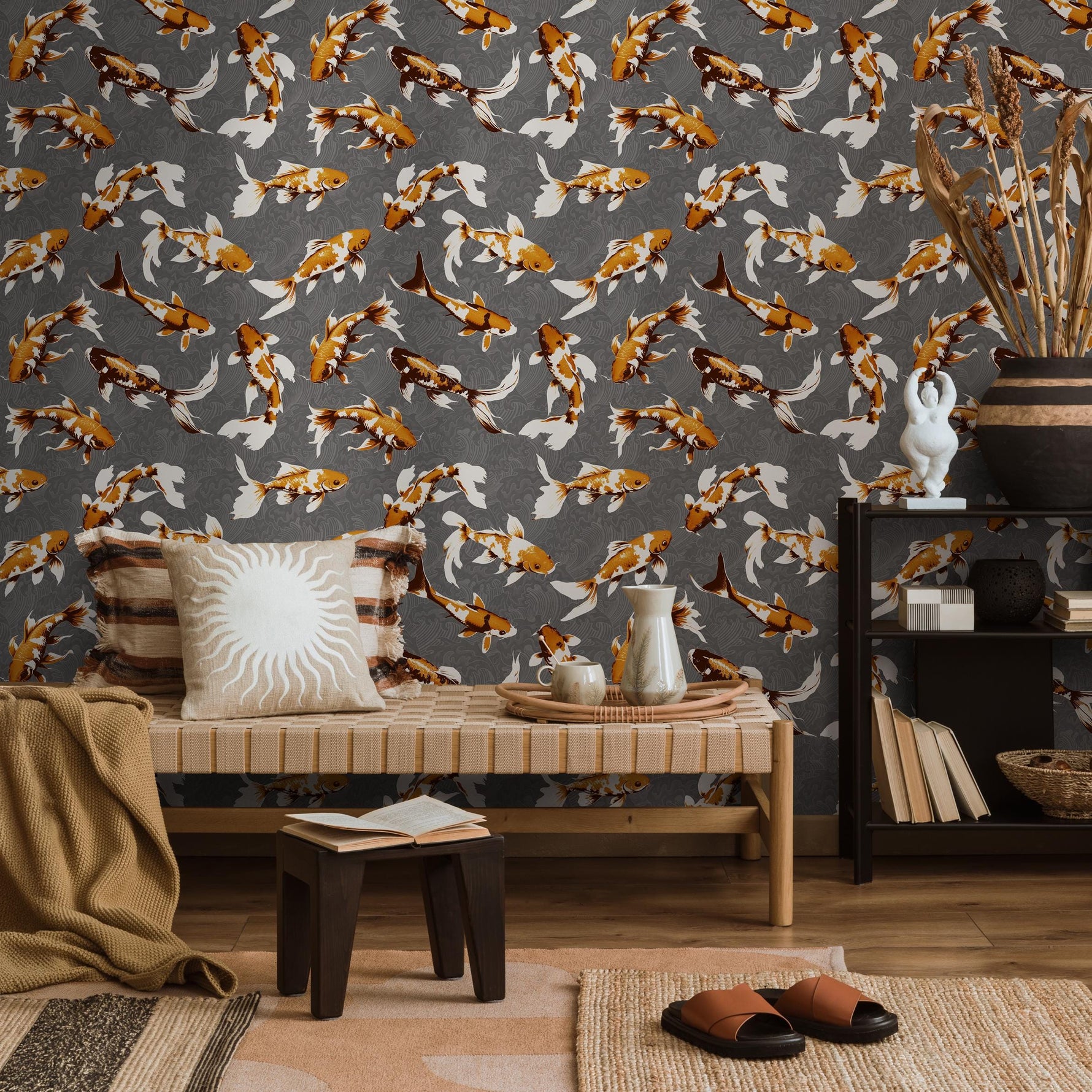 Koi fish wallpaper, Vintage marine wall mural, Japanese waves, Japanese fish - E064