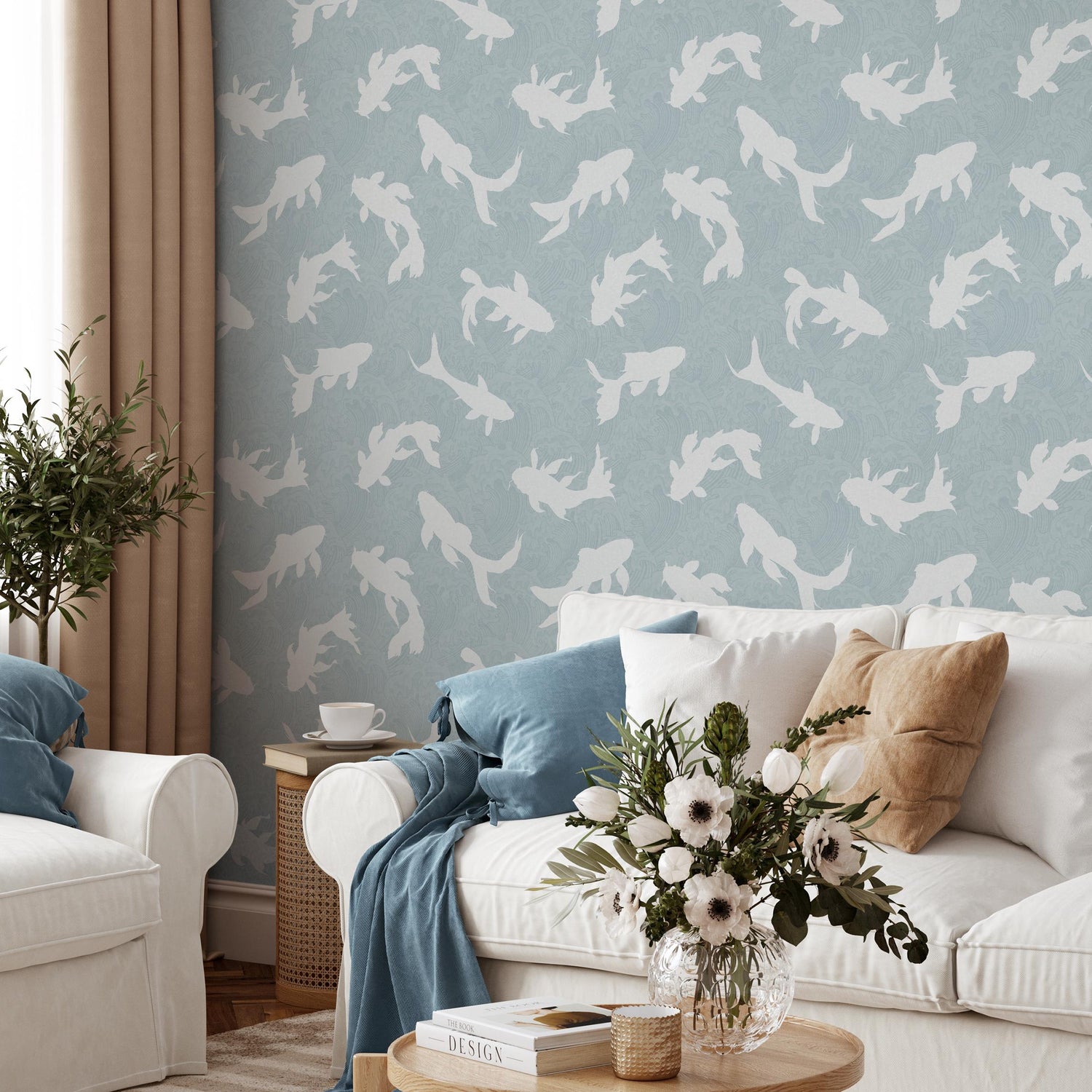 Koi fish wallpaper, Vintage marine wall mural, Japanese waves, Japanese fish - E069