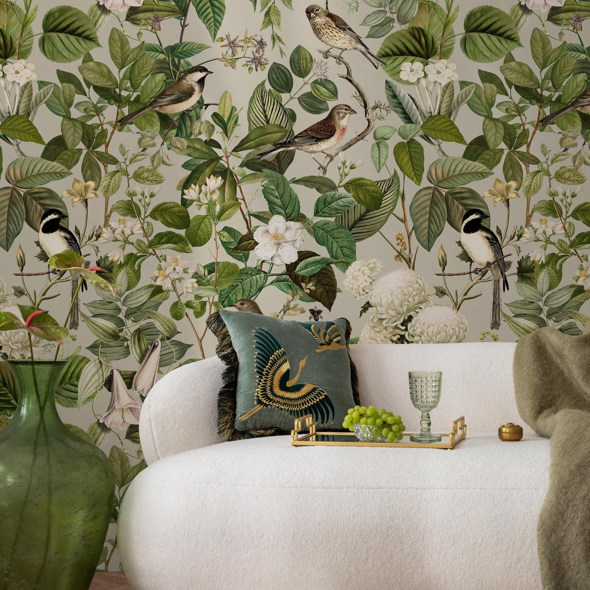 Floral Wallpaper, Botanical Scenic Wall Mural, Removable Wallpaper, Peel and Stick Wallpaper, Reusable, Green Plant Wall Decor - E109 B