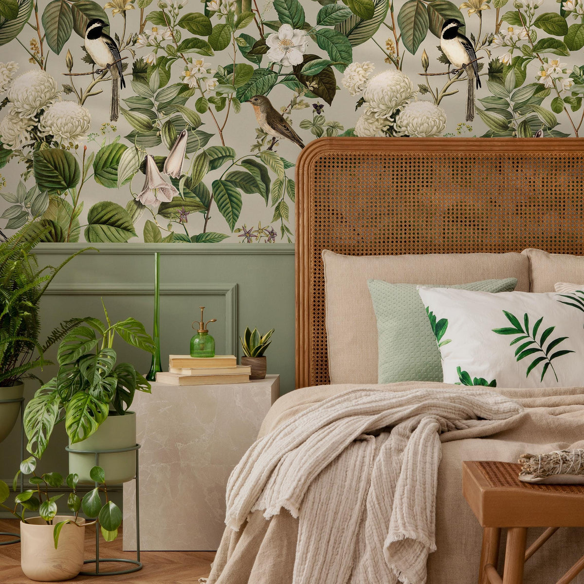 Floral Wallpaper, Botanical Scenic Wall Mural, Removable Wallpaper, Peel and Stick Wallpaper, Reusable, Green Plant Wall Decor - E109 B