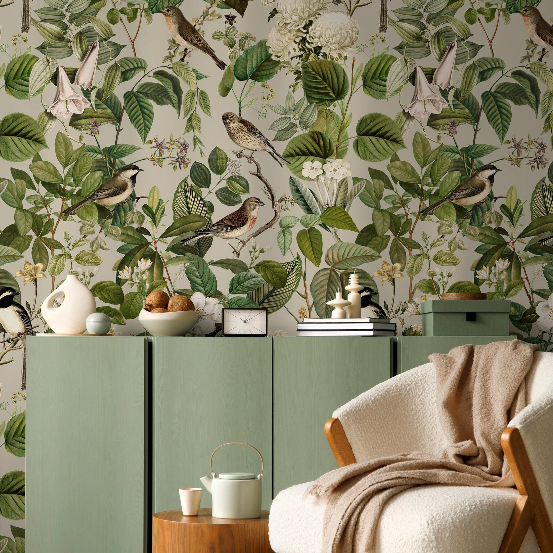 Floral Wallpaper, Botanical Scenic Wall Mural, Removable Wallpaper, Peel and Stick Wallpaper, Reusable, Green Plant Wall Decor - E109 B